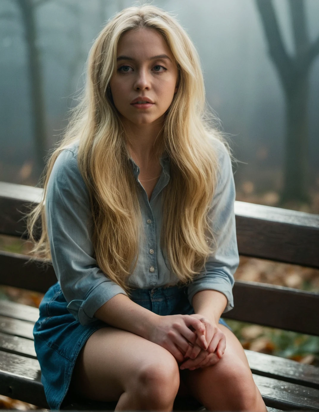 high resolution photo of sydsw woman,her hair wer blonde long hair,full body shotdramatic lighting,volumetric lighting,film grain,cinematic,sitting on a bench,looking at camera,depth of field,bokeh,fog