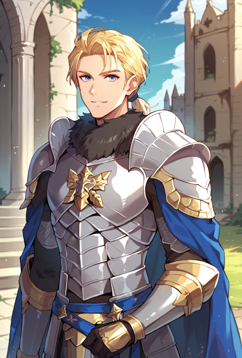 score_9, score_8_up, score_9, score_8_up, dimitrife, dimitrihopes, 1boy, blonde hair, blue eyes, solo, swept back hair, short ponytail, fur trim, silver armor, shoulder plates, smile, looking at viewer, castle, outdoors, ruins