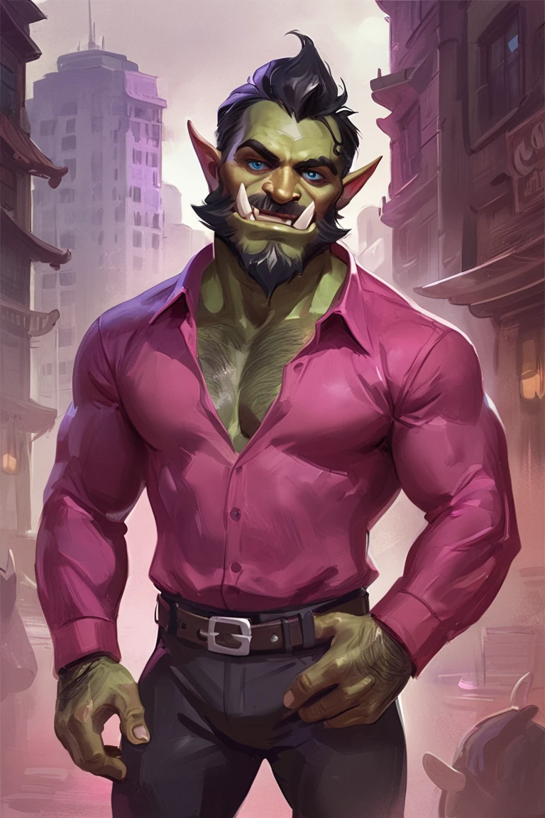 masterpiece, best quality, hi res, newest, pinkdreamsstyle, concept art, digital art, realistic, orc, green skin, tusks, facial hair, beard, mustache, black hair, blue eyes, pink shirt, collared shirt, long sleeves, black pants, muscular, 1boy, solo, male focus, smile, looking at viewer, cowboy shot, standing, outdoors, city, building <lora:Pink Dreams Style LoRA_SeaArt Furry XL 1.0:0.7>