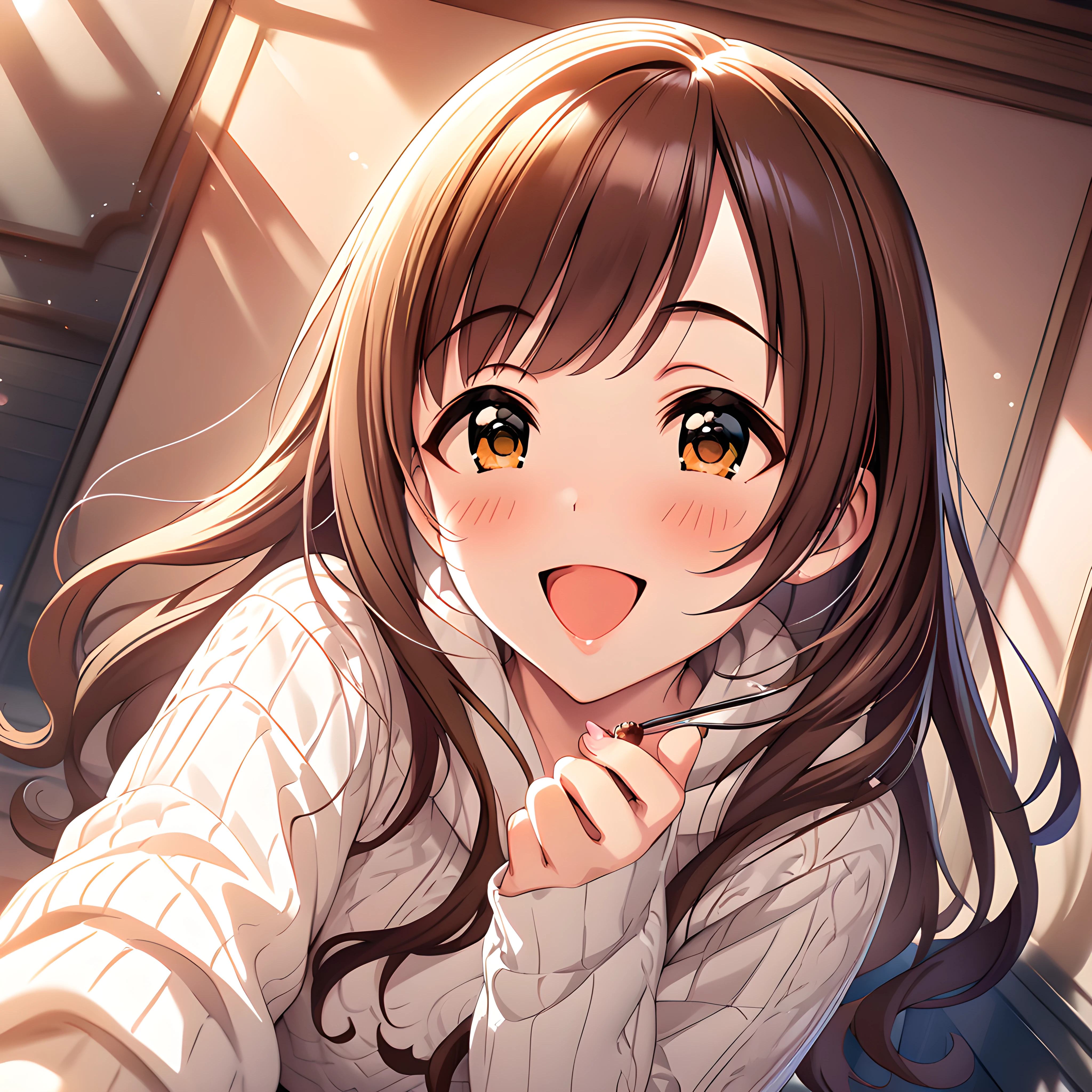 (masterpiece),(best quality),(ultra-detailed),(best illustration),(best shadow),(absurdres),(detailed background),(very aesthetic)kyoko igarashi, casualoutfit2, 1girl, solo, brown hair, long hair, looking at viewer, smile, open mouth, indoors, jewelry, blush, hair down, feeding viewer, <lora:Kyoko_Igarashi__äºååµé¿å­_-_The_Idolmster_Cinderella_Girls__ã¢ã¤ãã«ãã¹ã¿ã¼ã·ã³ãã¬ã©ã¬ã¼ã«ãº_SDXL_Animagine_XL_3.1:1>