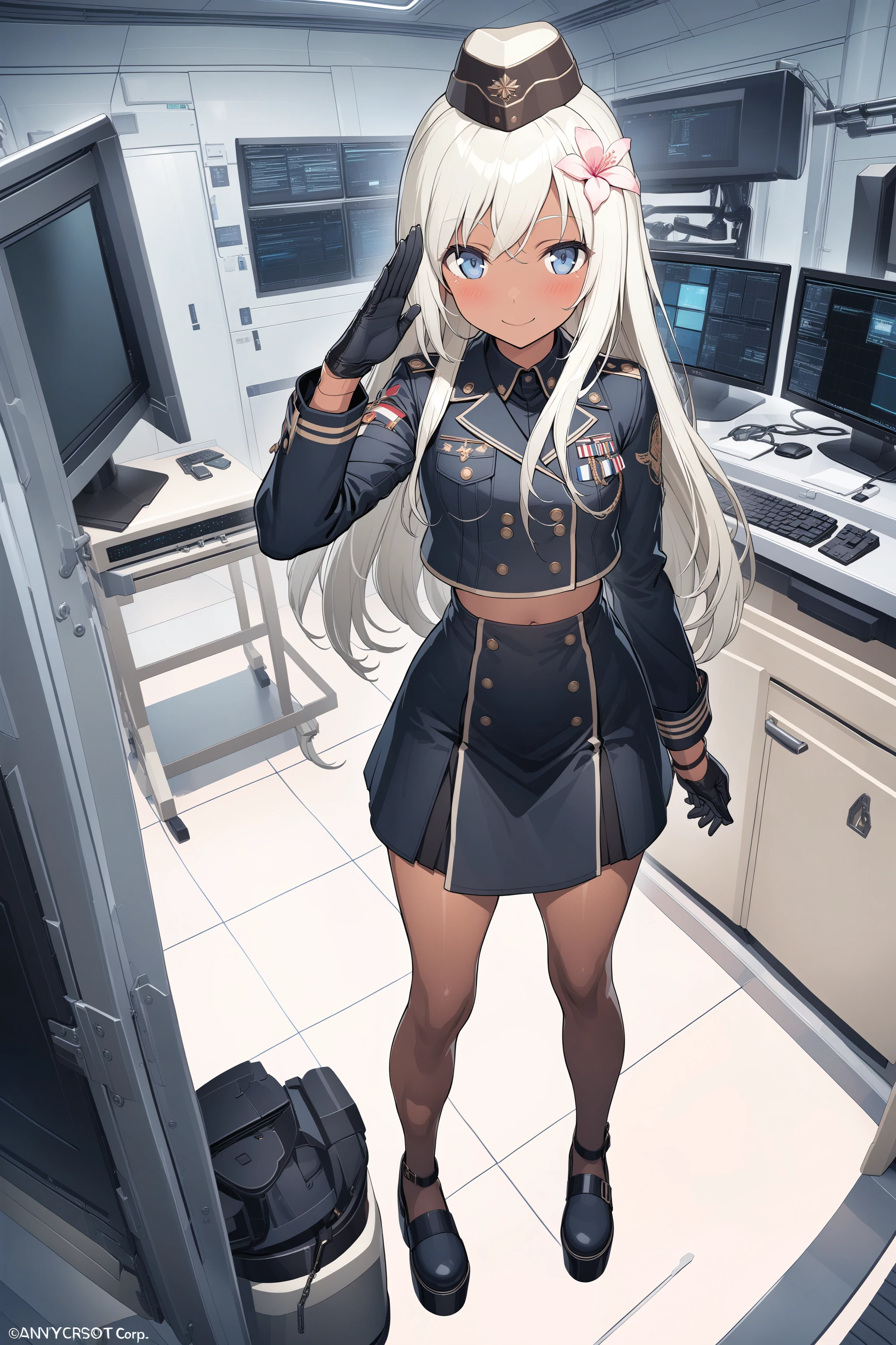 , masterpiece, absurdres, high detail, official art, 8k,
operation room, monitor, console, cowboy shot. isometric,
standing, smile, military salute, blush,
ro-500 \(pump\), long hair, hair flower, military uniform, garrison cap, cropped jacket, puffy sleeves, long sleeves, gloves, black dress, black pantyhose, platform footwear, tan,
<lora:XL_Animagine_kancolle-ro500(pump)-t1:0.9>