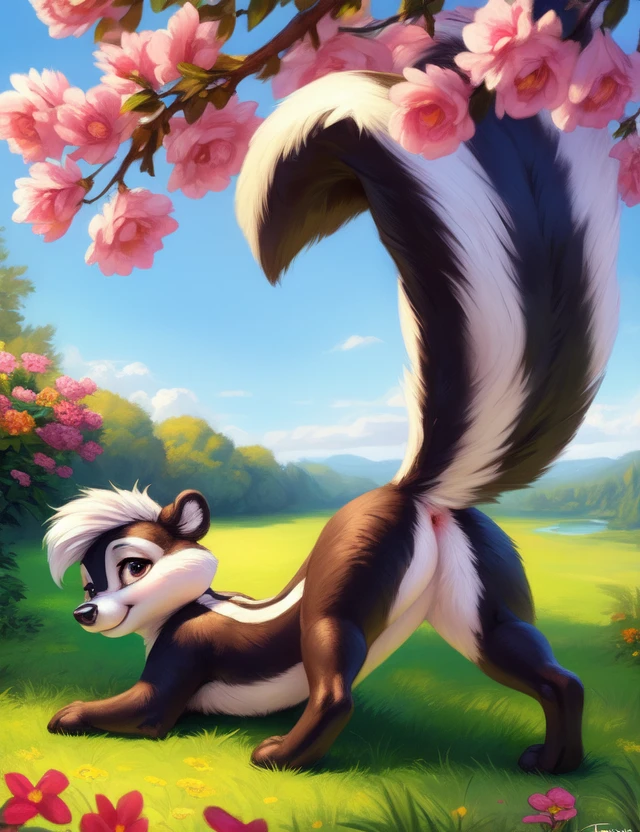 <lora:PepelePewTunesI:1>   PepelePewTunesI, skunk, antro, furry, ( ass up rear view, looking back,)
solo,  [park, grass, France, bench, flowers, bushes, clear sunny day, sky with clouds,],  day, (beautiful, aesthetic, perfect, delicate, intricate), masterpiece, nude, naced, 
by ulitochka, by taran fiddler, by Silverfox5213, by personalami,