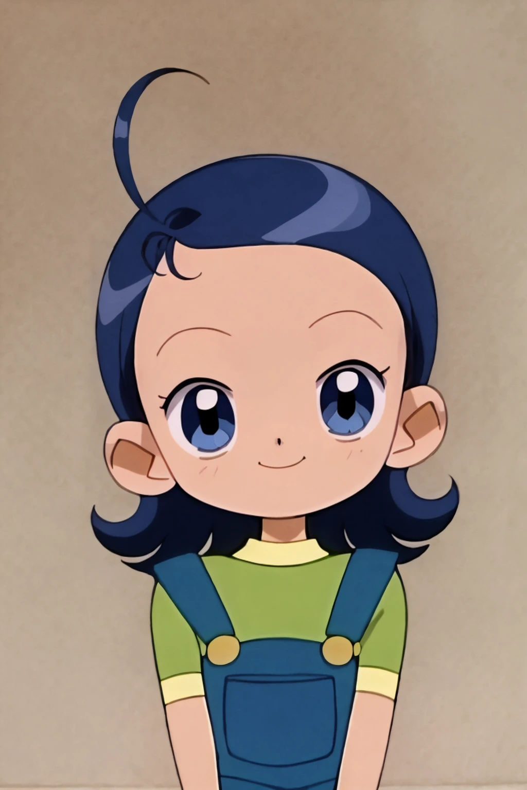 masterpiece, best quality,
1girl, , aikosenoo, blue hair, medium hair, ahoge, blue eyes,
green shirt, overalls, short sleeves,
hands behind back, smile, upper body, solo, looking at viewer, simple background, solid grey background <lora:AikoSenoo:1>