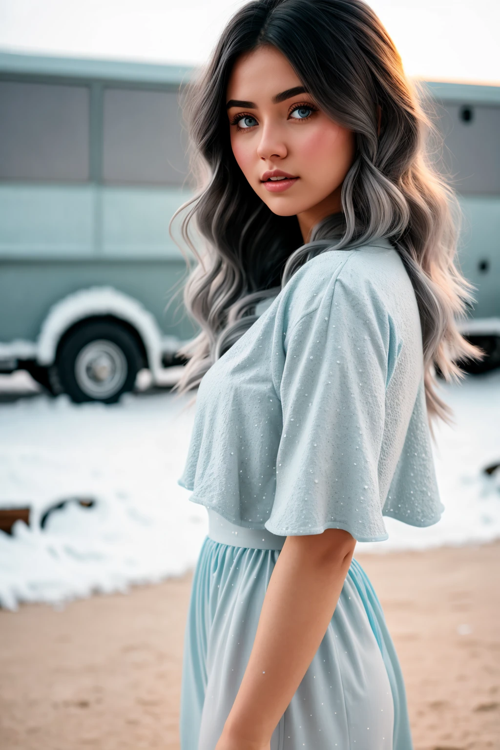 texture cinematic photo young woman in Pastel Blue chmdrss, full body view, Grey big hair, Icy Tundras <lora:Charming dress v1.07:1> . 35mm photograph, film, bokeh, professional, 4k, highly detailed top down close-up