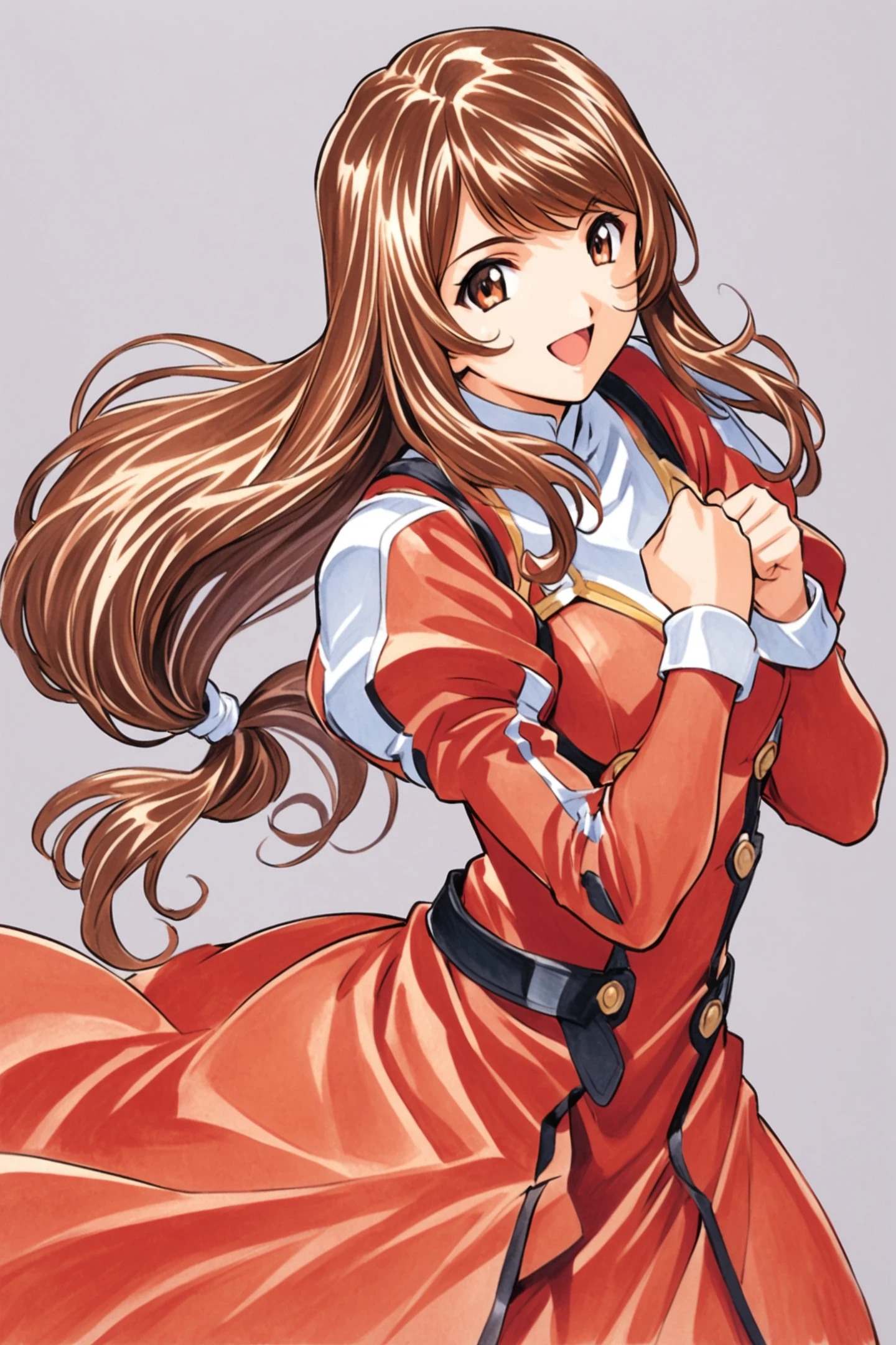 Erica Fontaine, 1girl, solo, cowboy shot, smile, open mouth, looking at viewer, upper body, dynamic pose, brown hair, brown eyes, long hair, bangs, low tied hair, sidelocks, red dress, puffy sleeves, long sleeves, brown boots, long dress, traditional media, low-tied long hair, dress, juliet sleeves, breasts, :d,<lora:Sakura Wars_XL:0.8>,