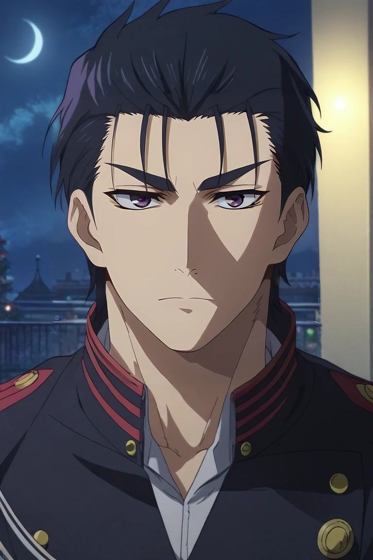 score_9, score_8_up, score_7_up, source_anime, rating_safe, , (photorealistic:0.6), looking at viewer, , 1boy, solo, male focus, <lora:guren_ichinose_pony:0.98>, guren_ichinose, black hair, purple eyes, short hair, hair slicked back, bangs, focused, machu picchu, night, crescent moon, standing on one leg, squinting, , <lora:sdxl_lightning_8step_lora:1>