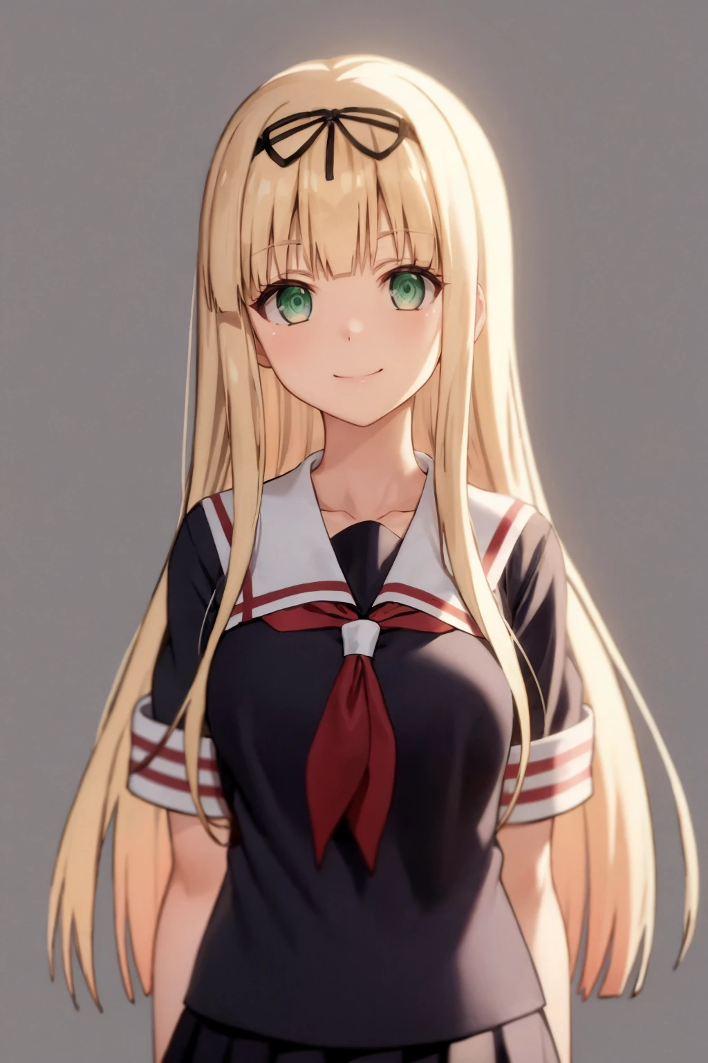 masterpiece, best quality,
1girl, yuudachi, blonde hair, long hair, straight hair, hair ribbon, bangs, green eyes,
black serafuku, neckerchief, pleated skirt, red neckerchief, school uniform, short sleeves, white sailor collar,
hands behind back, smile,  upper body, solo, looking at viewer, simple background, solid grey background    <lora:Yuudachi:1>