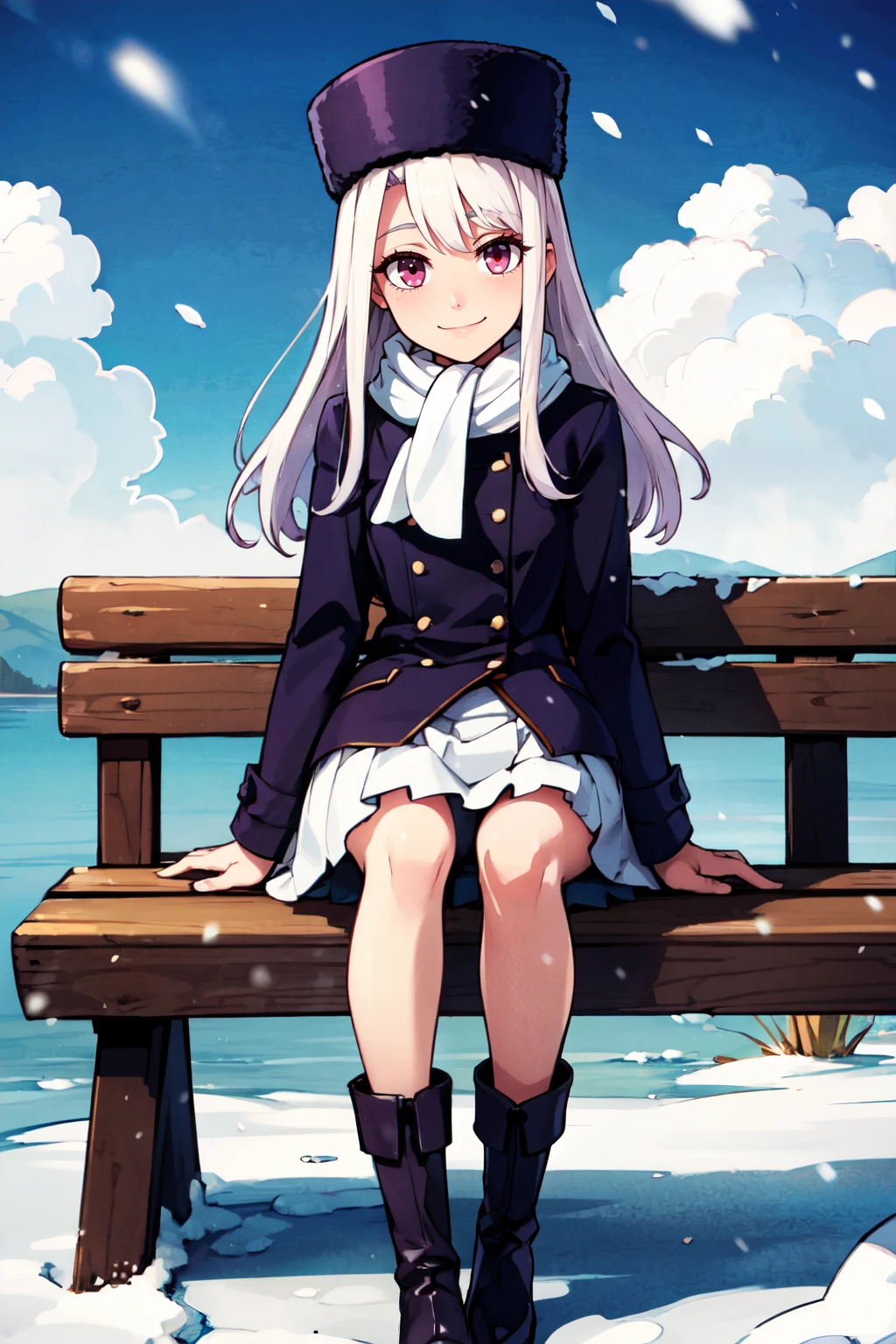 ((masterpiece,best quality)), absurdres, <lora:IllyasvielVonEinzbern_v1:0.8>, zzIllya, purple headwear, outdoors, sitting, purple footwear, papakha, looking at viewer, boots, bench, smile, white skirt, long sleeves, scarf, cloud, snow, purple coat, sky, tree ,solo, smiling, looking at viewer, cowboy shot,