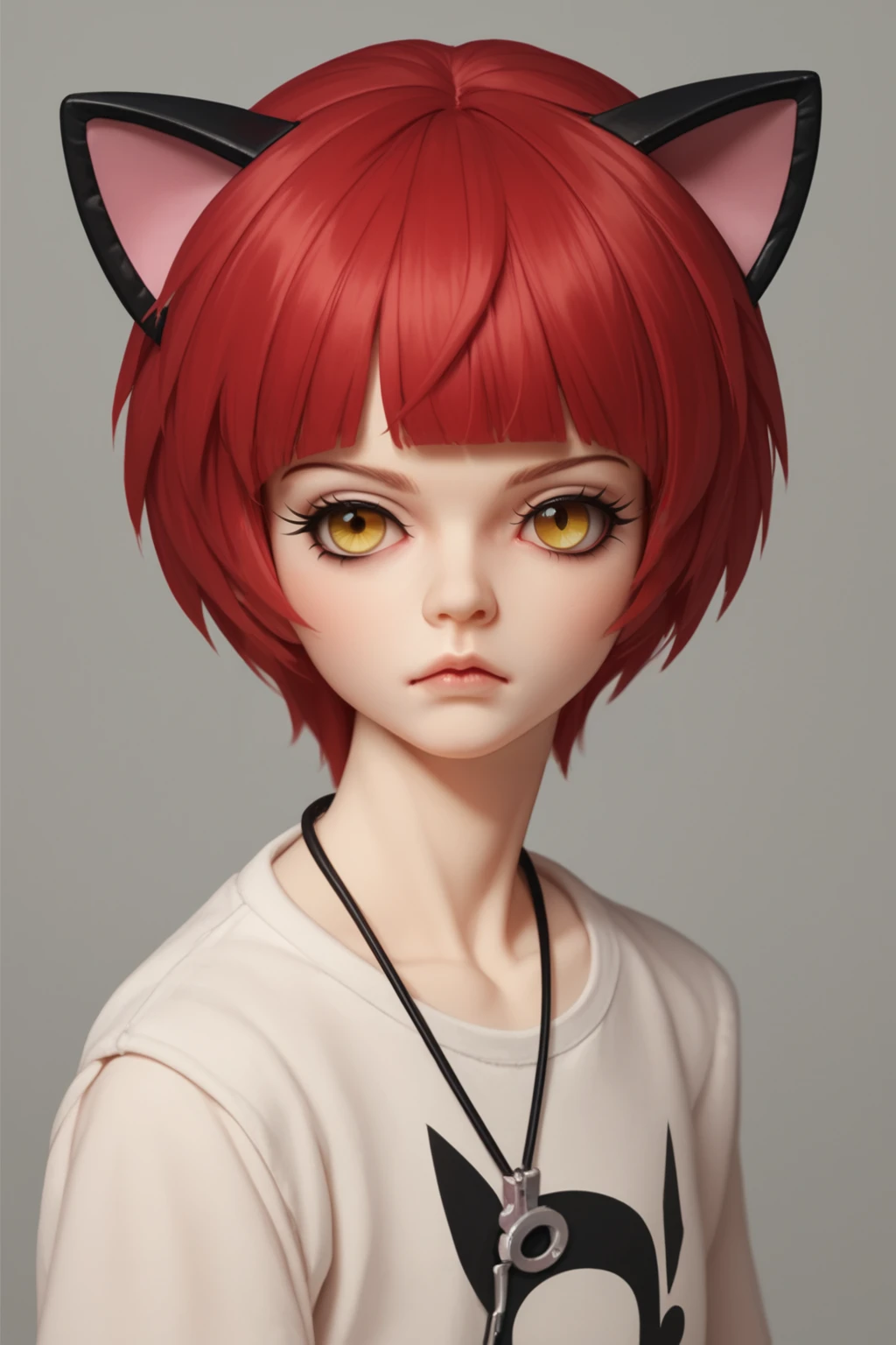 PonyXLV6_Scores, 1girl, animal ears, cat ears, yellow eyes, red hair, ball joints, bjdzx, blunt bangs, eyelashes, jewelry, score_6_up, score_9, short hair, solo, vinyl texture, 