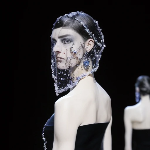 blurry background, see-through, gem, back, from side, portrait, black eyes, strapless, bare shoulders, shirt, upper body, looking at viewer, wearing beaded veil