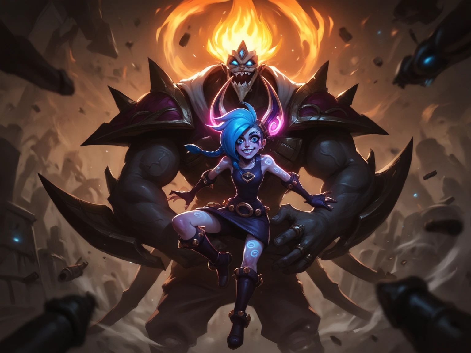 league of legends, Chaotic, mischievous gunner named Jinx from the bustling cityscape of Piltover. Long cerulean hair flowing like wild flames, adorned with bright pink bows. Piercing blue eyes that gleam with mischief, carrying an intense and crazed look. Lithe physique draped in black and purple gear, a hint of steampunk. Studded leather belts and ammo pouches crossing her torso. Sleeveless top revealing tattoos of her adventures. A pair of mismatched, high-cut boots each with its own personality. Bright pink shock bullets, loaded into a massive minigun named 'Pow-Pow'. A shark-faced rocket launcher named 'Fishbones' slung over her shoulder. Cackling with manic glee, surrounded by electric blue explosions and a trail of chaos. Glowing grenades decorated with laughing faces named 'Zappers'. Spiraled bullets flying in every direction, from a sleek, rapid-fire handgun called 'Whisper'. A sense of unhinged joy, reveling in mayhem and disorder. Urban backdrop with soaring zeppelins, hovering drones, and futuristic skyscrapers. Graffiti, symbols of anarchy, painted over the walls. Citizens of Piltover, both amazed and terrified, watching her antics from a distance. Vibrant, neon-lit streets filled with smoke, dust, and the echoes of her laughter. The juxtaposition of advanced technology and raw, unpredictable emotion. A dangerous dance between order and chaos, where Jinx thrives. Her silhouette, sharp and dynamic, standing out against the fiery horizon of the setting sun. A whirlwind of color, energy, and pandemonium, capturing the essence of Piltover's most infamous troublemaker, <lora:LeagueOfLegendsV4:0.8>, score_8_up, score_7_up