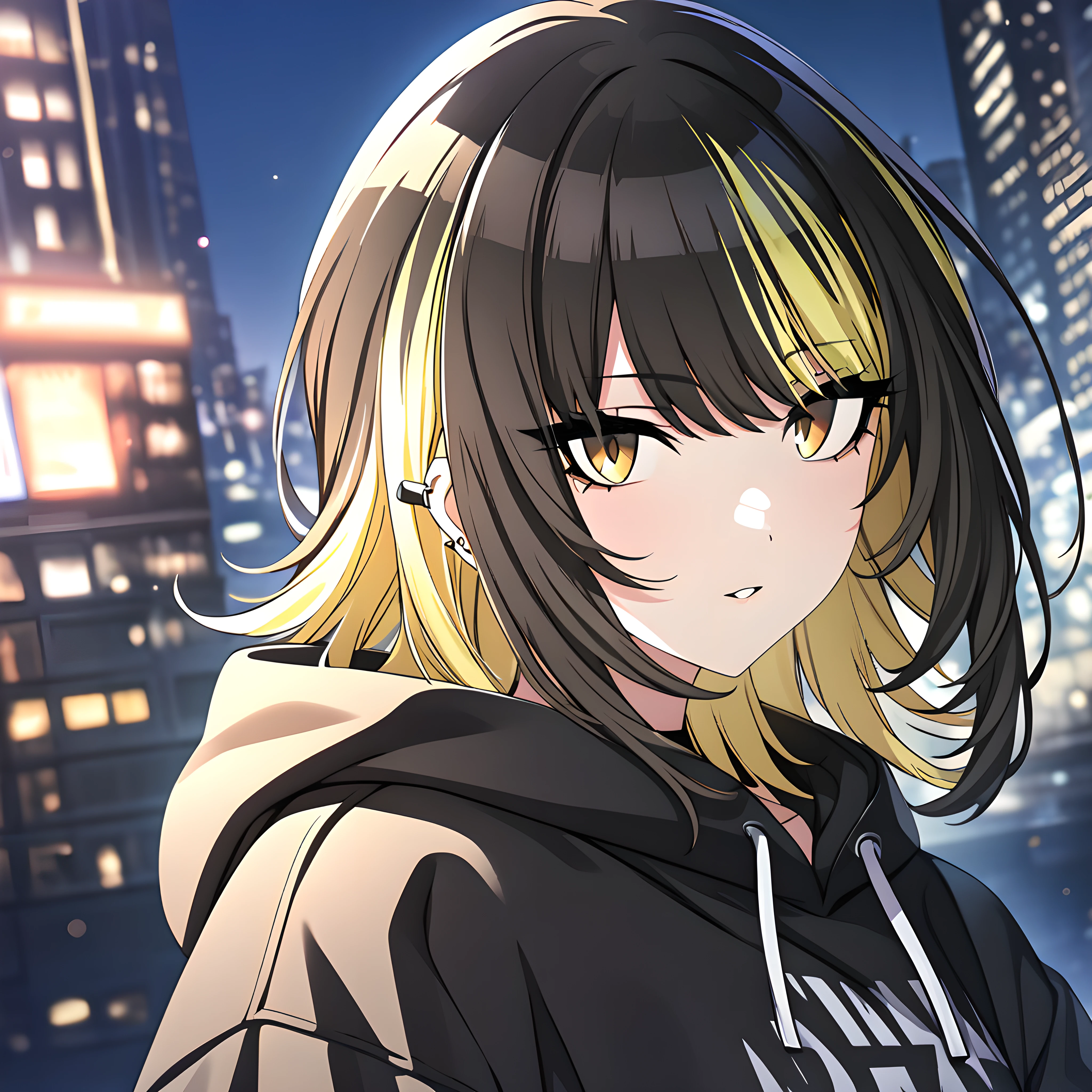 (masterpiece),(best quality),(ultra-detailed),(best illustration),(best shadow),(absurdres),(detailed background),(very aesthetic), luca ikaruga, casualoutfit2, 1girl, blonde hair, solo, multicolored hair, hood, hoodie, yellow eyes, looking at viewer, black hair, night city background <lora:Luca_Ikaruga__æé³©ã«ã«_-_The_Idolmster_Shiny_Colors__ã¢ã¤ãã«ãã¹ã¿ã¼_ã·ã£ã¤ãã¼ã«ã©ã¼ãº_SDXL_-_Animagine_XL_3.1:1>