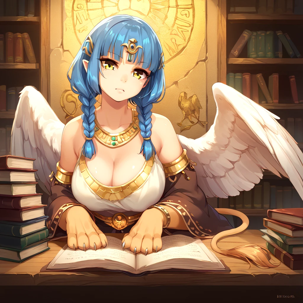 <lora:SphinxbodyBooster:0.7> mythological sphinx, (busty feral:1.1), feral, quadruped,  score_9, score_8_up, score_7_up,  score_6_up, score_5_up, score_4_up, source_furry, source_cartoon, rating_safe, mythological sphinx, busty feral, solo, futa, feral, breasts, clothed, jewelry, feathered wings, hair, mammal, humanoid face, human nose, soft shading, countershading, detailed background,  in a bookstore, blue hair, yellow eyes, white body, front view, quad braids