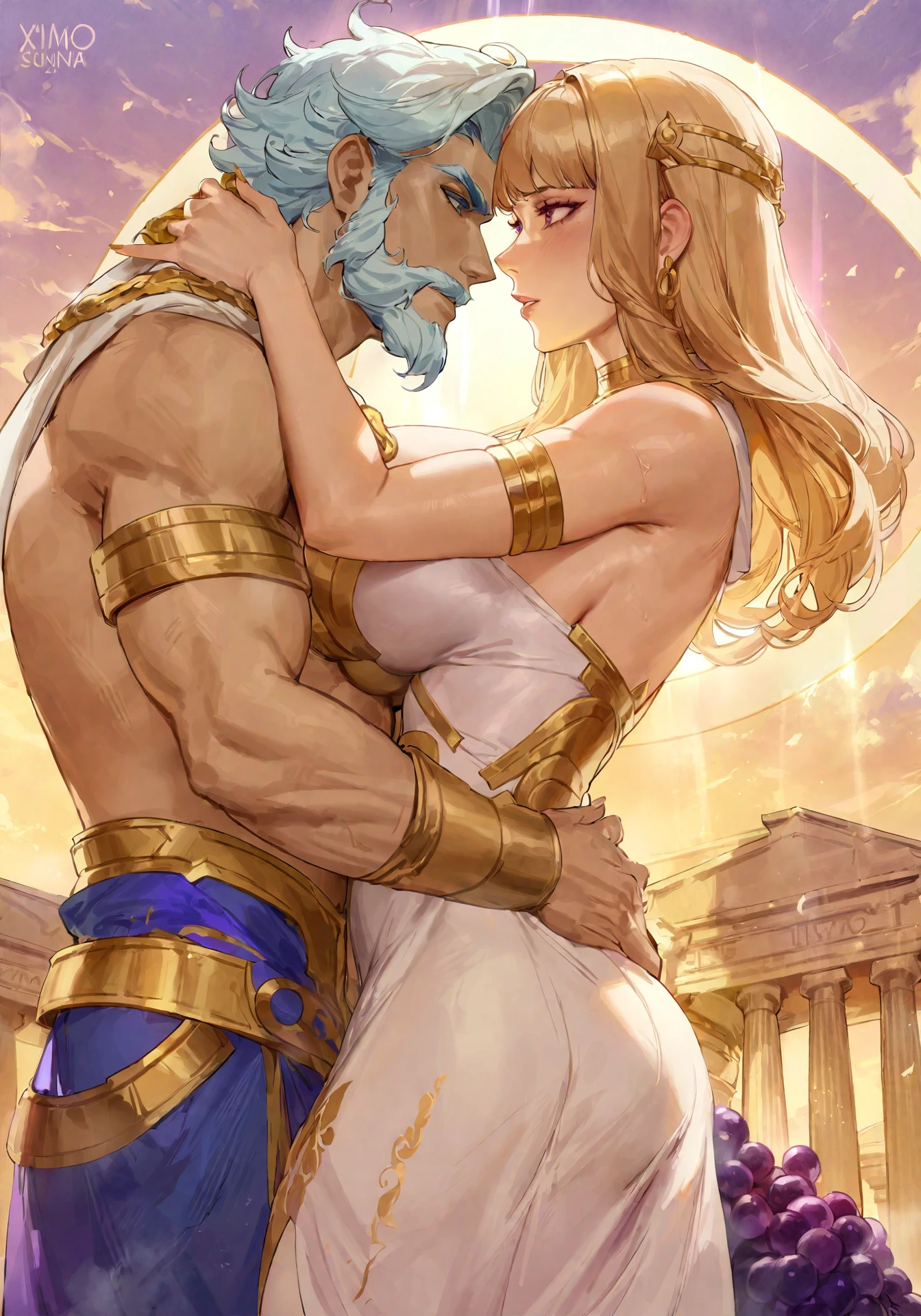 Zeus made,a Greek man god with white hair and beard,Cao Cao,stark,with muscles so thick and enormous that they are about to leave the body,virile and very masculine wearing ancient Greek costumes and leaving his chest and abdomen exposed,he kisses the goddess Hera with great lust,a Greek woman goddess with orange blonde curly hair,beautiful face and body,wearing sensual Greco-Roman costumes that would leave your body semi-nude,she would also use a blue cape that Zeus would be subtly removing,the scene would take place on Mount Olympus, a place with Greco-Roman architecture ,the couple would be kissing and Zeus would be squeezing Hera&#39;s buttocks 