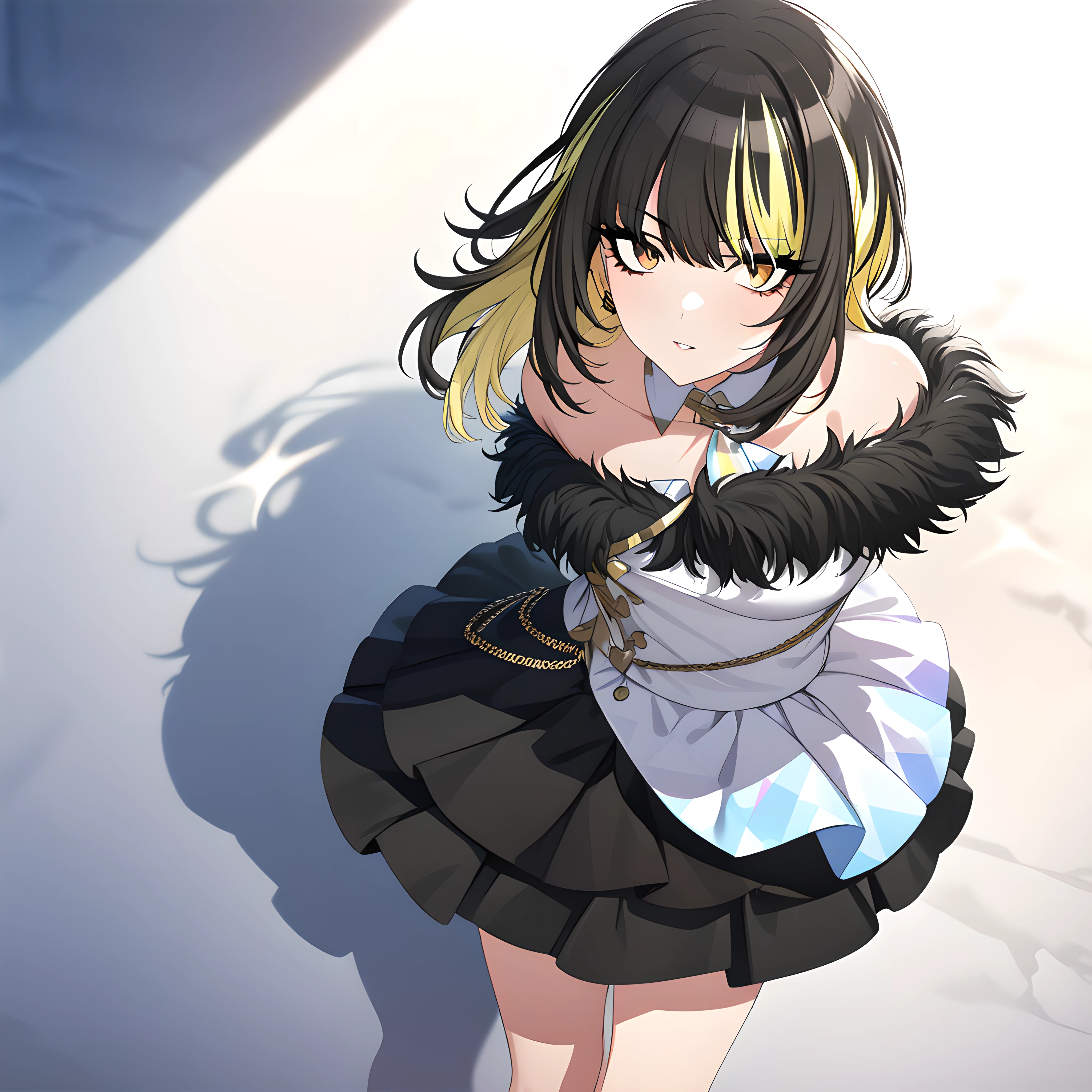 (masterpiece),(best quality),(ultra-detailed),(best illustration),(best shadow),(absurdres),(detailed background),(very aesthetic), luca ikaruga, idoloutfit, 1girl, blonde hair, solo, gloves, yellow eyes, black hair, multicolored hair, fur trim, white background, skirt <lora:Luca_Ikaruga__æé³©ã«ã«_-_The_Idolmster_Shiny_Colors__ã¢ã¤ãã«ãã¹ã¿ã¼_ã·ã£ã¤ãã¼ã«ã©ã¼ãº_SDXL_-_Animagine_XL_3.1:1>