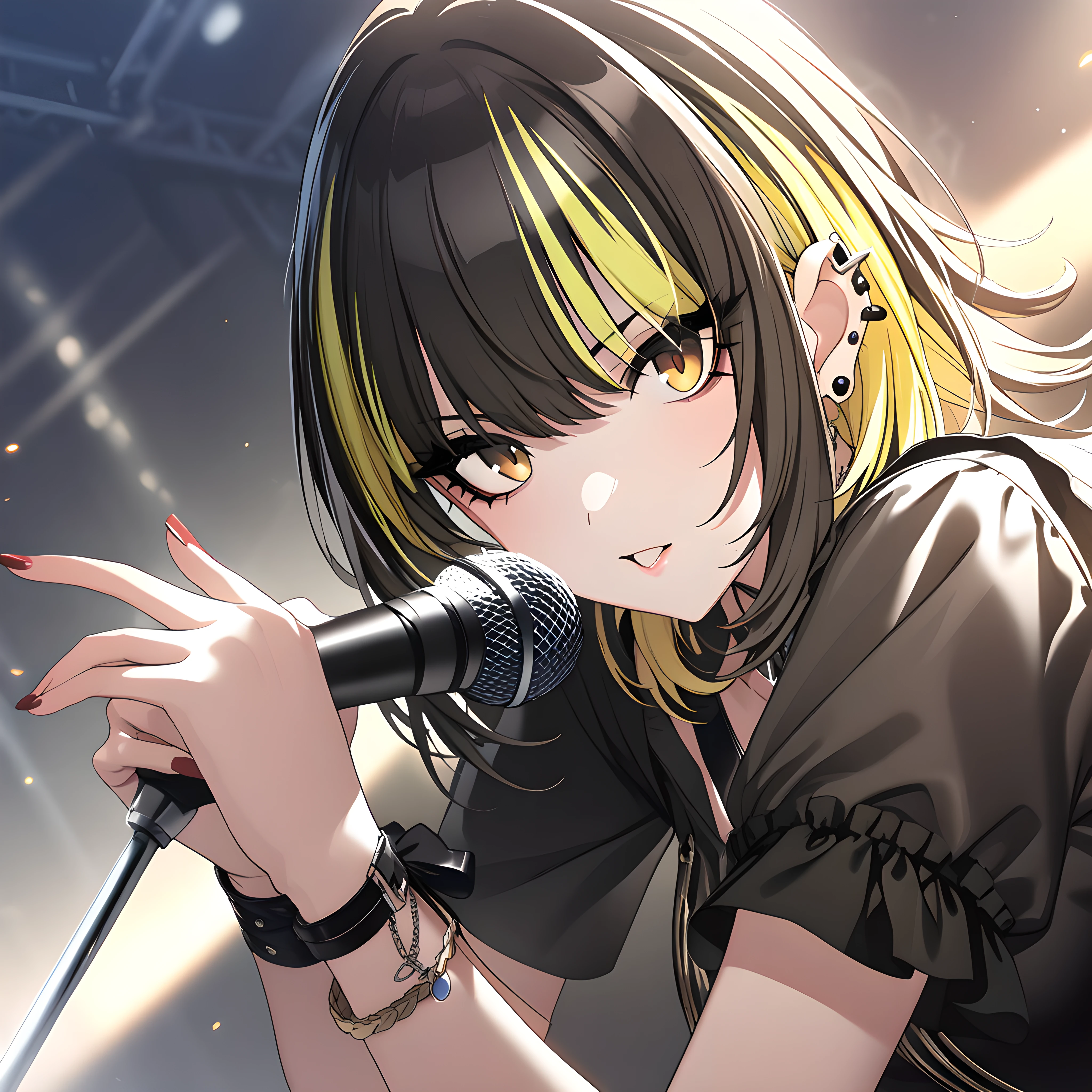 (masterpiece),(best quality),(ultra-detailed),(best illustration),(best shadow),(absurdres),(detailed background),(very aesthetic), luca ikaruga, cometikoutfit2, 1girl, solo, microphone, piercing, jewelry, holding, blonde hair, multicolored hair, ear piercing, short sleeves <lora:Luca_Ikaruga__æé³©ã«ã«_-_The_Idolmster_Shiny_Colors__ã¢ã¤ãã«ãã¹ã¿ã¼_ã·ã£ã¤ãã¼ã«ã©ã¼ãº_SDXL_-_Animagine_XL_3.1:1>