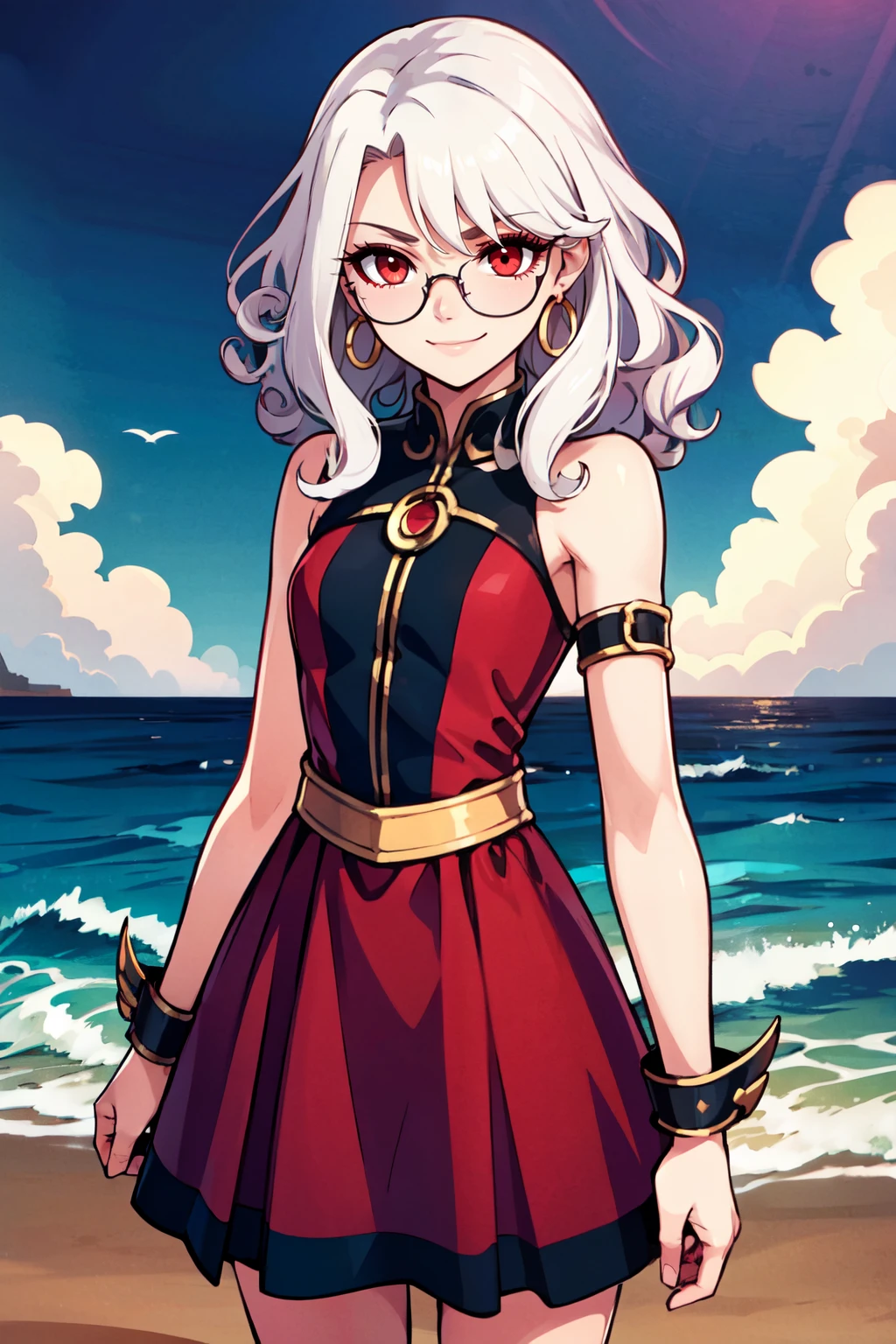 ((masterpiece,best quality)), absurdres, <lora:IllyasvielVonEinzbern_v1:0.8>, zzIllya, white hair, red eyes,, as a ((whisperer-in-darkness translator)) with ((curly hair)) adorned with (arm cuffs) at home, lavender floral dress, white sunglasses, silver hoop earrings sandy beach, ocean waves, clear sky, pier structure hand in hair, facing camera, slight tilt by, ,solo, smiling, looking at viewer, cowboy shot,