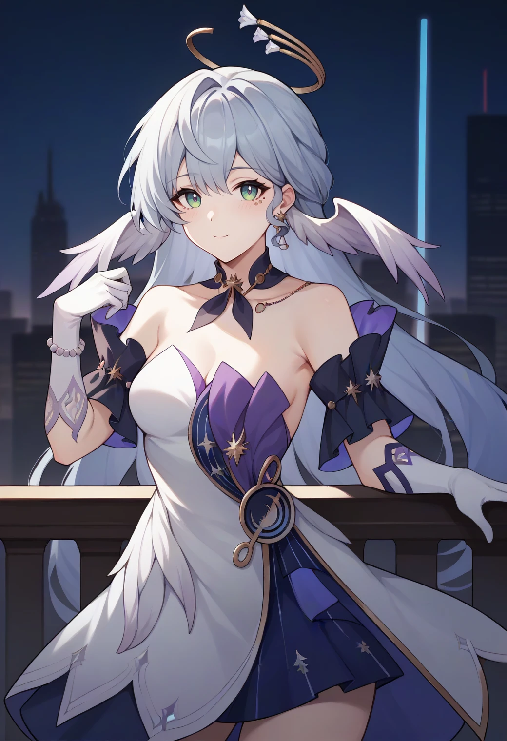 score_9,score_8_up,score_7_up,score_6_up,score_5_up,score_4_up,
1girl, robin \(honkai: star rail\), long hair, wings, breasts, halo, strapless dress, white elbow gloves, detached collar, medium breasts, facial mark, earrings,
solo, cowboy shot, outdoors, looking at viewer, cityscape, standing, 
<lora:robinponyxl:1>