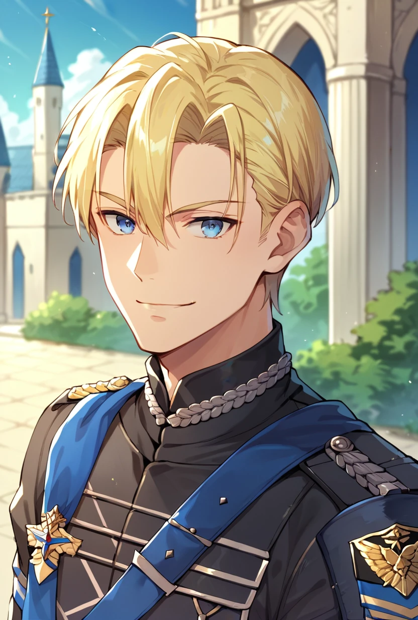 score_9, score_8_up, score_9, score_8_up, dimitrife, dimitribase, 1boy, solo, blonde hair, short hair, hair between eyes, blue eyes, military uniform, black and blue militay uniform, blue sash, smile, looking at viewer, castle, outdoors