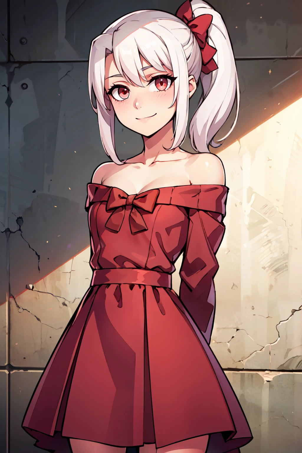 ((masterpiece,best quality)), absurdres, <lora:IllyasvielVonEinzbern_v1:0.8>, zzIllya, looking at viewer, arms behind back, bare shoulders, collarbone, smile, hair bow, side ponytail, white hair, off shoulder, red bow, pink dress, sweater dress, sidelocks, cowboy shot, closed mouth ,solo, smiling, looking at viewer, cowboy shot,