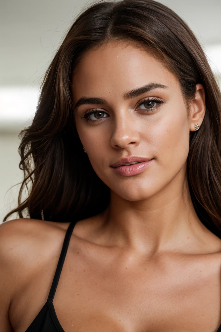 1mujer, (realista:0.75), brown hair, Cabello largo, ojos negros, feliz, gym