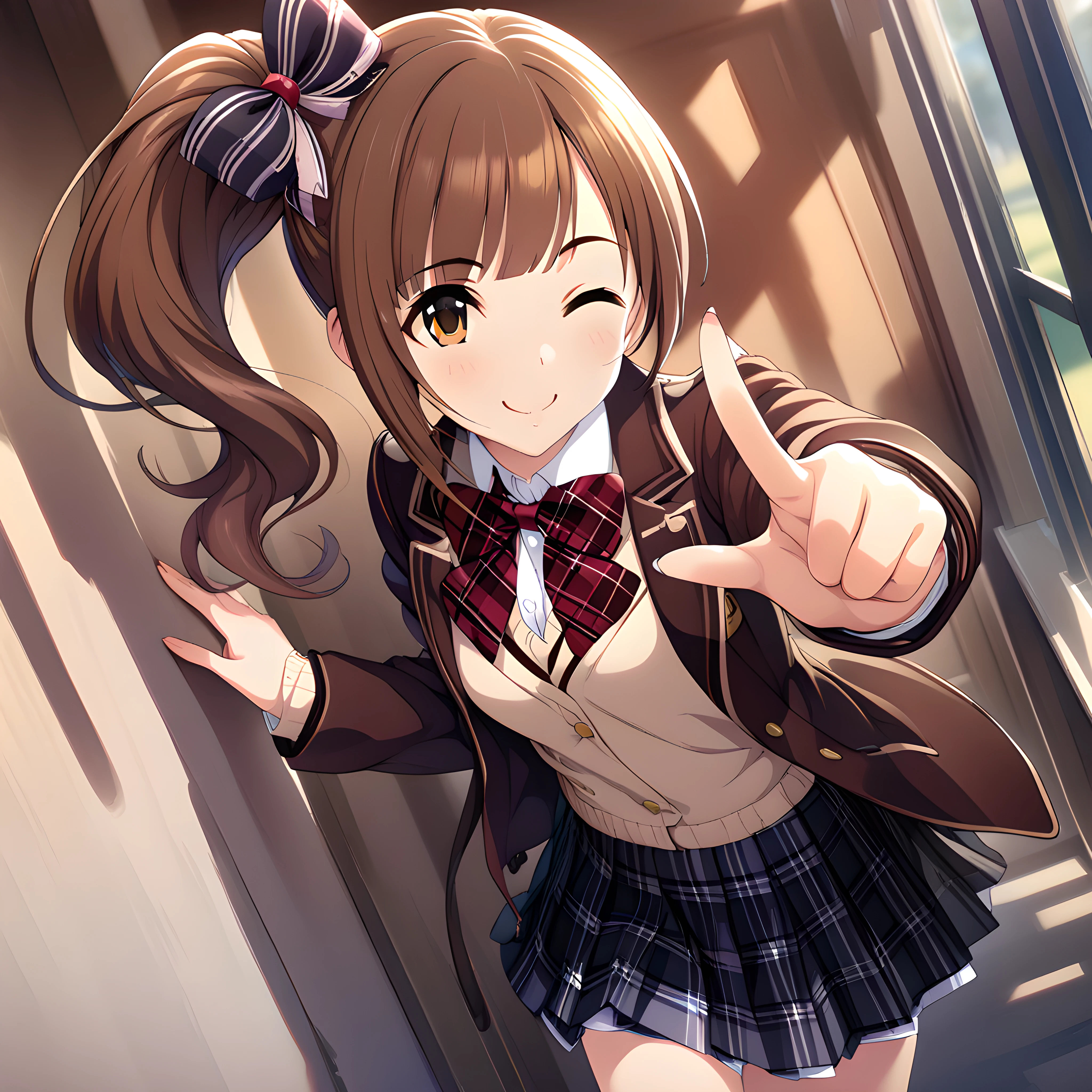 (masterpiece),(best quality),(ultra-detailed),(best illustration),(best shadow),(absurdres),(detailed background),(very aesthetic)kyoko igarashi, schooluni, one eye closed, solo, 1girl, skirt, side ponytail, brown hair, smile, school uniform, bow, jacket, brown eyes <lora:Kyoko_Igarashi__äºååµé¿å­_-_The_Idolmster_Cinderella_Girls__ã¢ã¤ãã«ãã¹ã¿ã¼ã·ã³ãã¬ã©ã¬ã¼ã«ãº_SDXL_Animagine_XL_3.1:1>