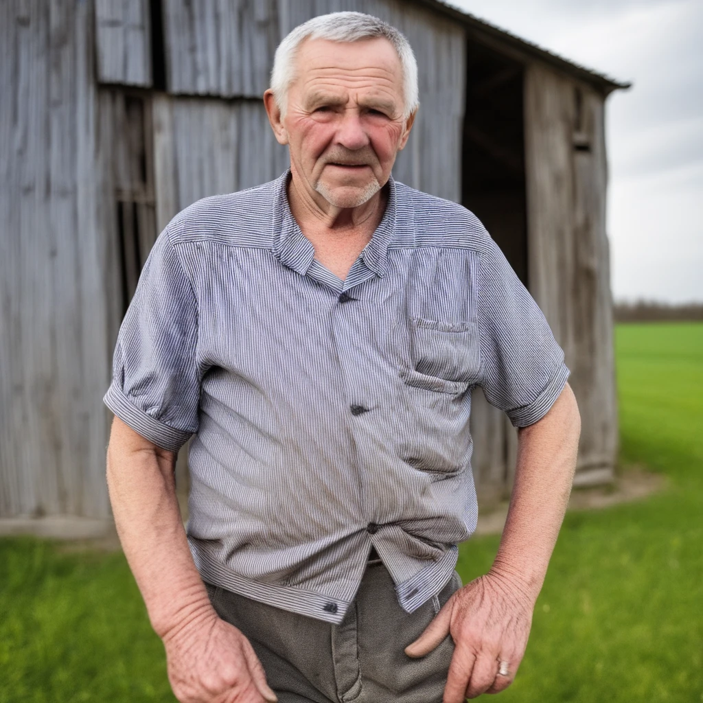 full body shot, old farmer wearing melkerbluse shirt, standing in front of an old rusty barn
