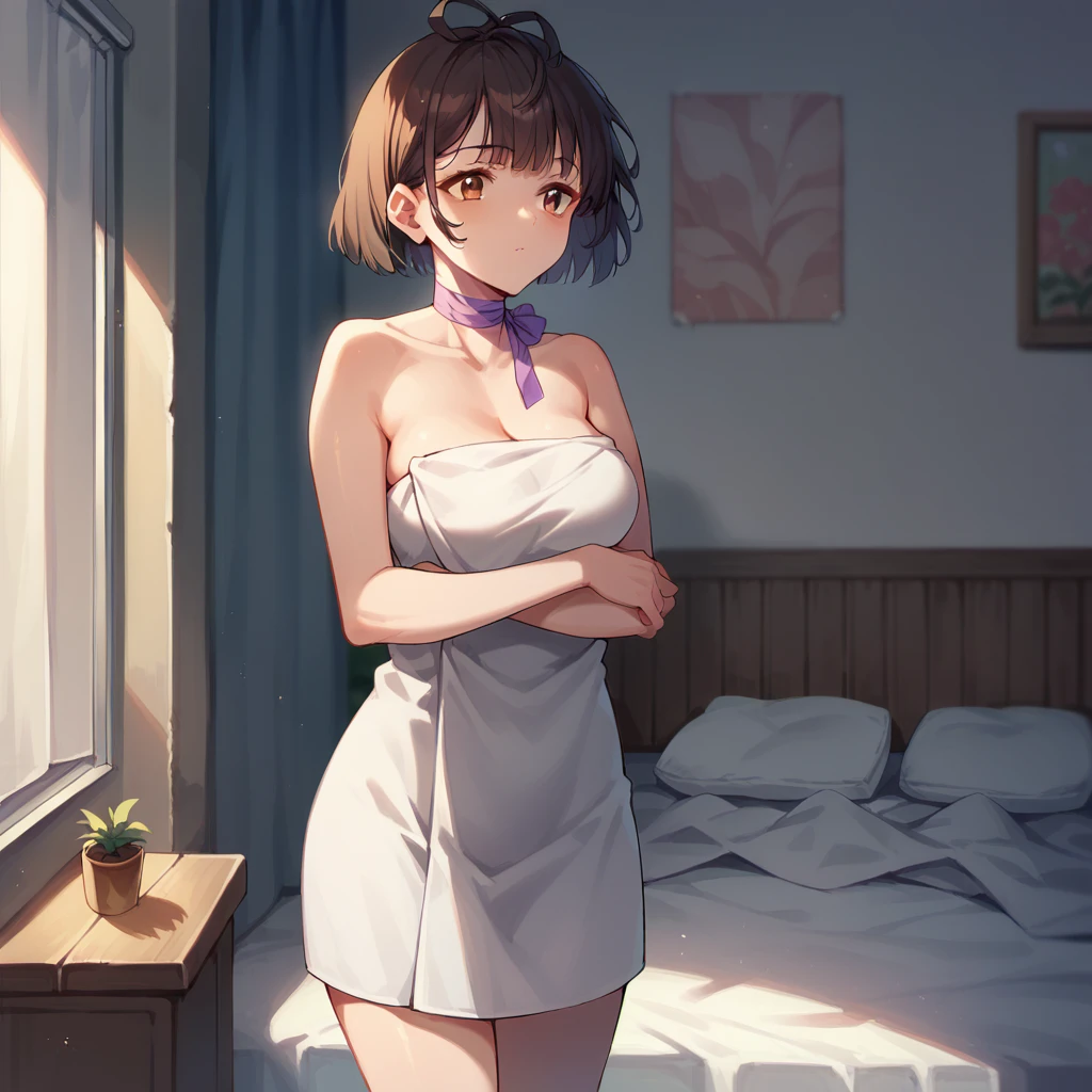 score_9,score_8_up,score_7_up,score_6_up,  <lora:Mumei - Koutetsujou no Kabaneri-000003:1>, 1girl, standing, bedroom, bed, medium breasts, "KabaneriMumei,short hair,brown eyes,ribbon choker,purple ribbon,towel"