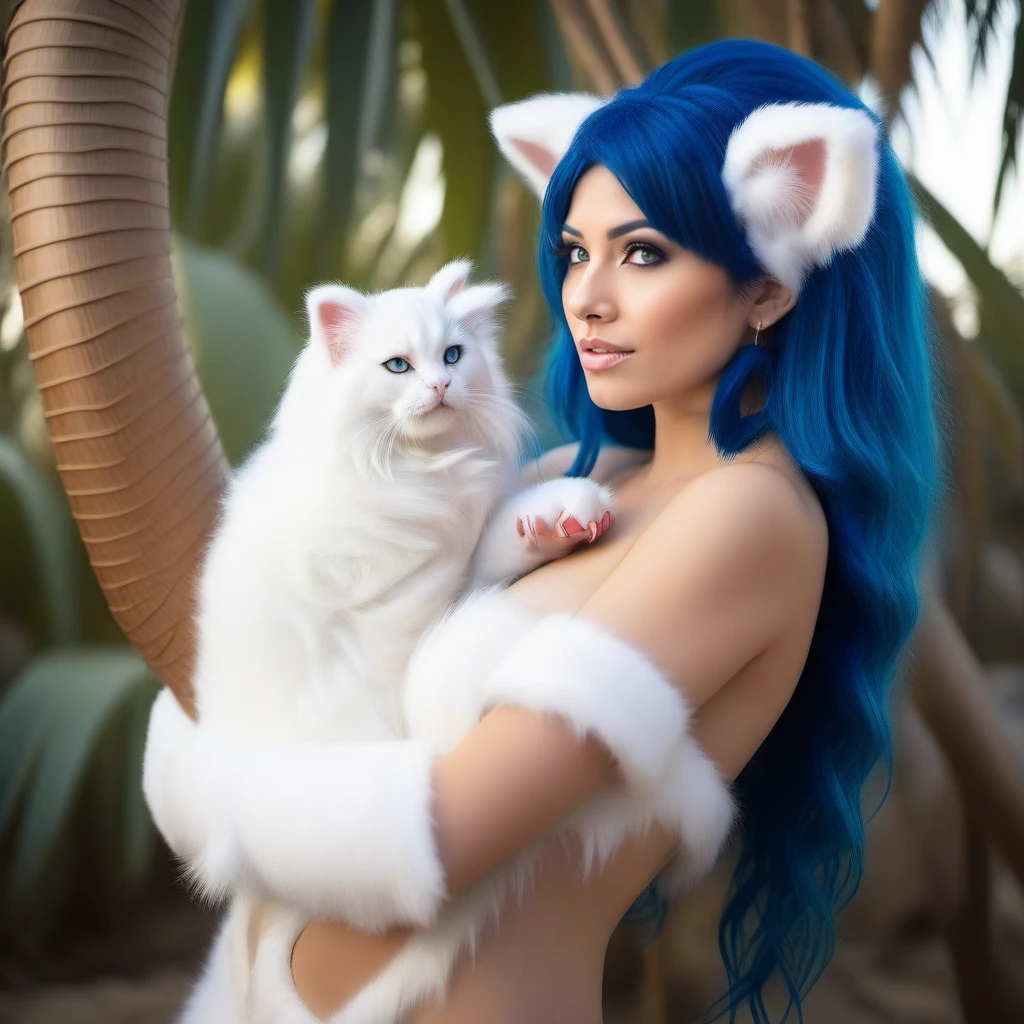 cinematic photo a woman with big hair, ((animal ears)), tail, white fur, animal hands, large breast, dark blue long hair, claws, poses with a cat, beach jungle <lora:Felicia1024_r2:0.9> . 35mm photograph, film, bokeh, professional, 4k, highly detailed