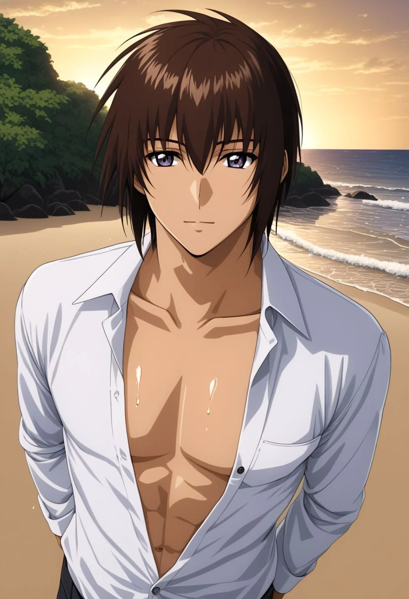 ASCII kira_yamato, hair parting left, 1man, mature adult male focus, white open shirt, solo, slim, thin waist, warm beige skin, brown hair,
detailed symmetric glossy eyes, expressive eyes, large purple eyes, looking at the viewer,
sexy posing, in a beach, sweaty, 
full body portrait,
masterpiece, best quality, ultra high res, intricate detail, clamshell warm lighting