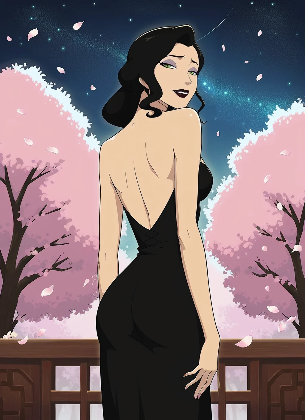 score_9, score_8_up, score_7_up, highly detailed, beautiful Asami Sato avatar_legends, black dress, view from behind, makeup, black lipstick, green eyes, smug, starry night sky, cherry blossom petals floating in the air, rating_safe, source_anime, BREAK best quality, masterpiece, cartoon, e621, digital_art <lora:StyleAnaxusXL31:1.0>