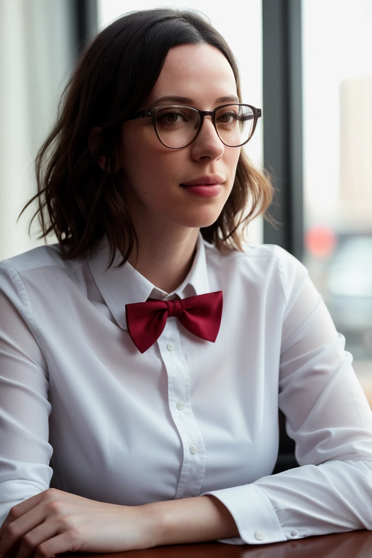 rebeccahall, (epic), , photo of a woman, sitting in a cafe, wearing a white collared shirt and a red bowtie, surrounded by a cozy atmosphere, looking at the viewer, short hair, slender, red lips, transparent fabric, flirting with the camera, fully clothed, ((extreme details, high resolution, best quality, masterpiece)), (closeup), glasses