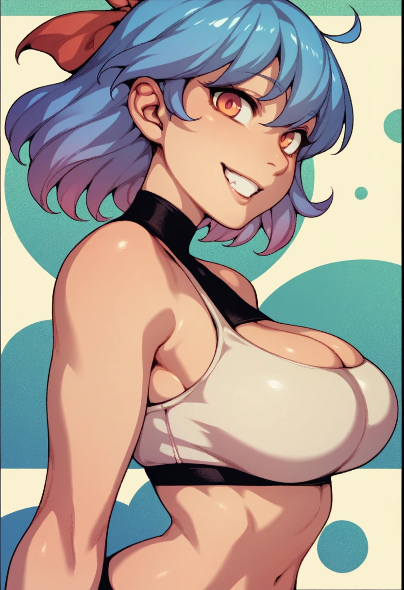 Cute girl, Smurf hat, blue skin, black tank top, panties, big boobs