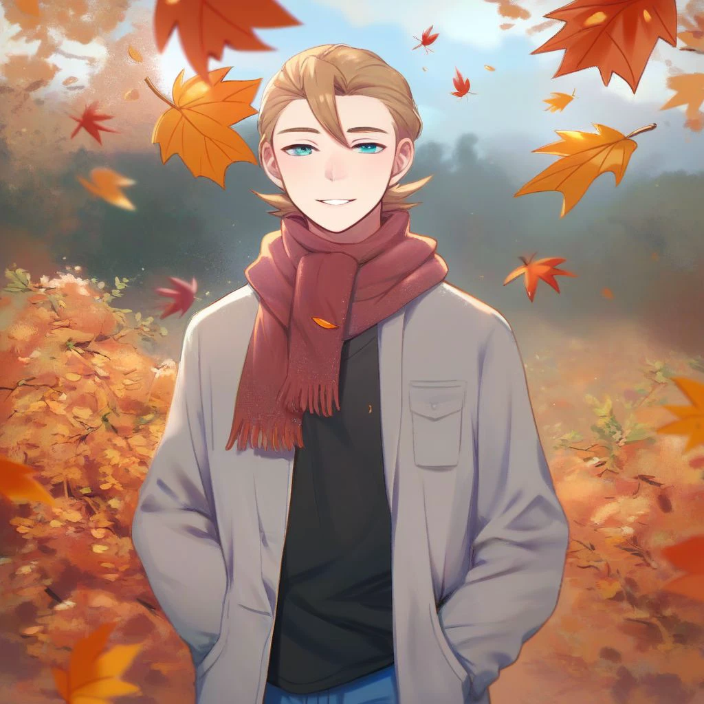 score_9, score_8_up, score_7_up, score_6_up, score_5_up, score_4_up, solo, 1boy, male focus, light brown hair, blue eyes, black shirt, grey cardigan, half-closed eyes, smile, parted lips, outdoors, scarf, autumn, falling leaves, looking at viewer, hands in pockets