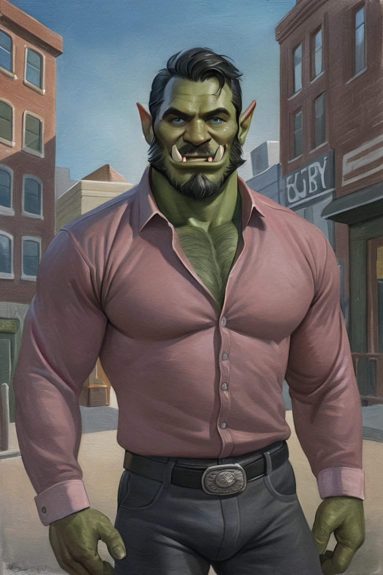 masterpiece, best quality, hi res, newest, traditional media, realistic, orc, green skin, tusks, facial hair, beard, mustache, black hair, blue eyes, pink shirt, collared shirt, long sleeves, black pants, muscular, 1boy, solo, male focus, smile, looking at viewer, cowboy shot, standing, outdoors, city, building <lora:Turquoise Style LoRA_SeaArt Furry XL 1.0:0.7>