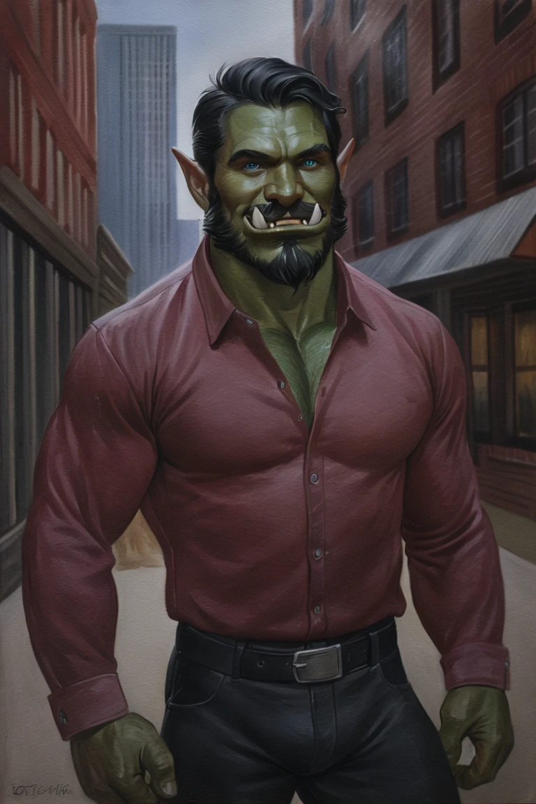 masterpiece, best quality, hi res, newest, traditional media, realistic, orc, green skin, tusks, facial hair, beard, mustache, black hair, blue eyes, pink shirt, collared shirt, long sleeves, black pants, muscular, 1boy, solo, male focus, smile, looking at viewer, cowboy shot, standing, outdoors, city, building <lora:Ð¡osmic Void Style LoRA_SeaArt Furry XL 1.0:0.7>