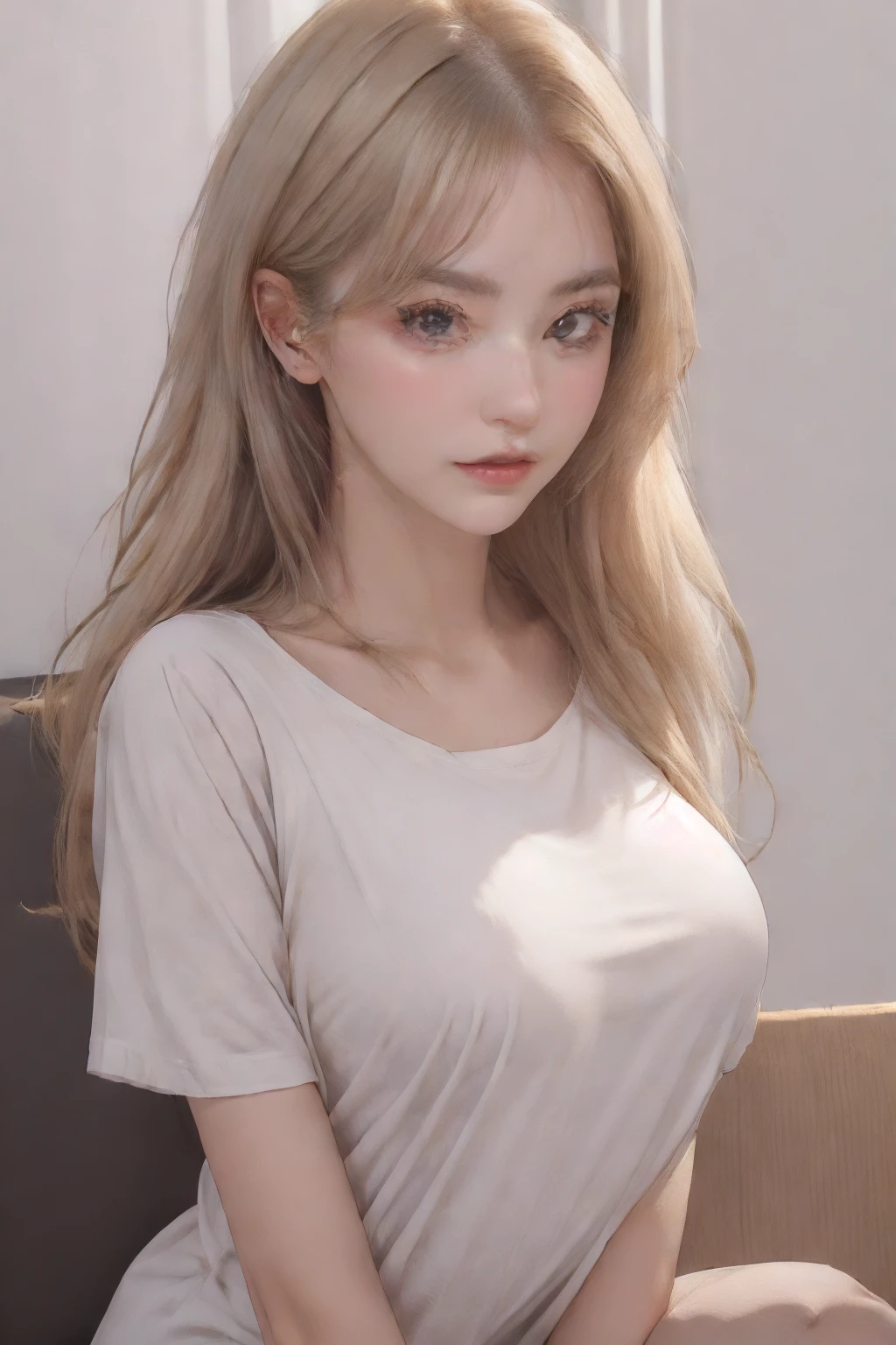 beauty girl,<lora:Fukada-07:0.40>,very long hair,blonde hair,(very large breasts:1.2),skinny body,white taut shirt,