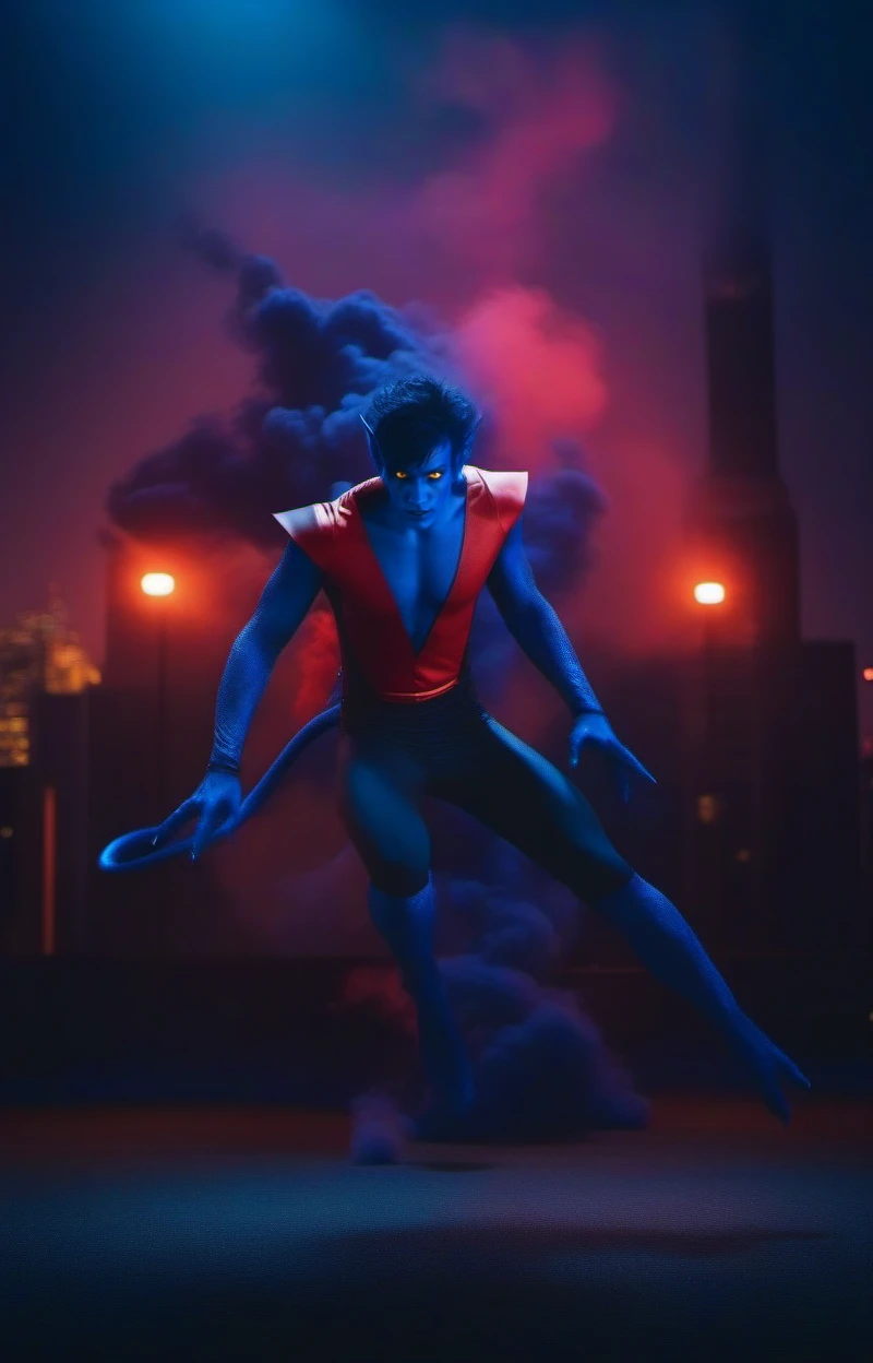 cinematic photo full body man with a blue skin, pointy ears, ((red and black bodysuit))), yellow eyes, devil tail, purple smoke, night city lights <lora:NightCrawler1024:0.8> . 35mm photograph, film, bokeh, professional, 4k, highly detailed