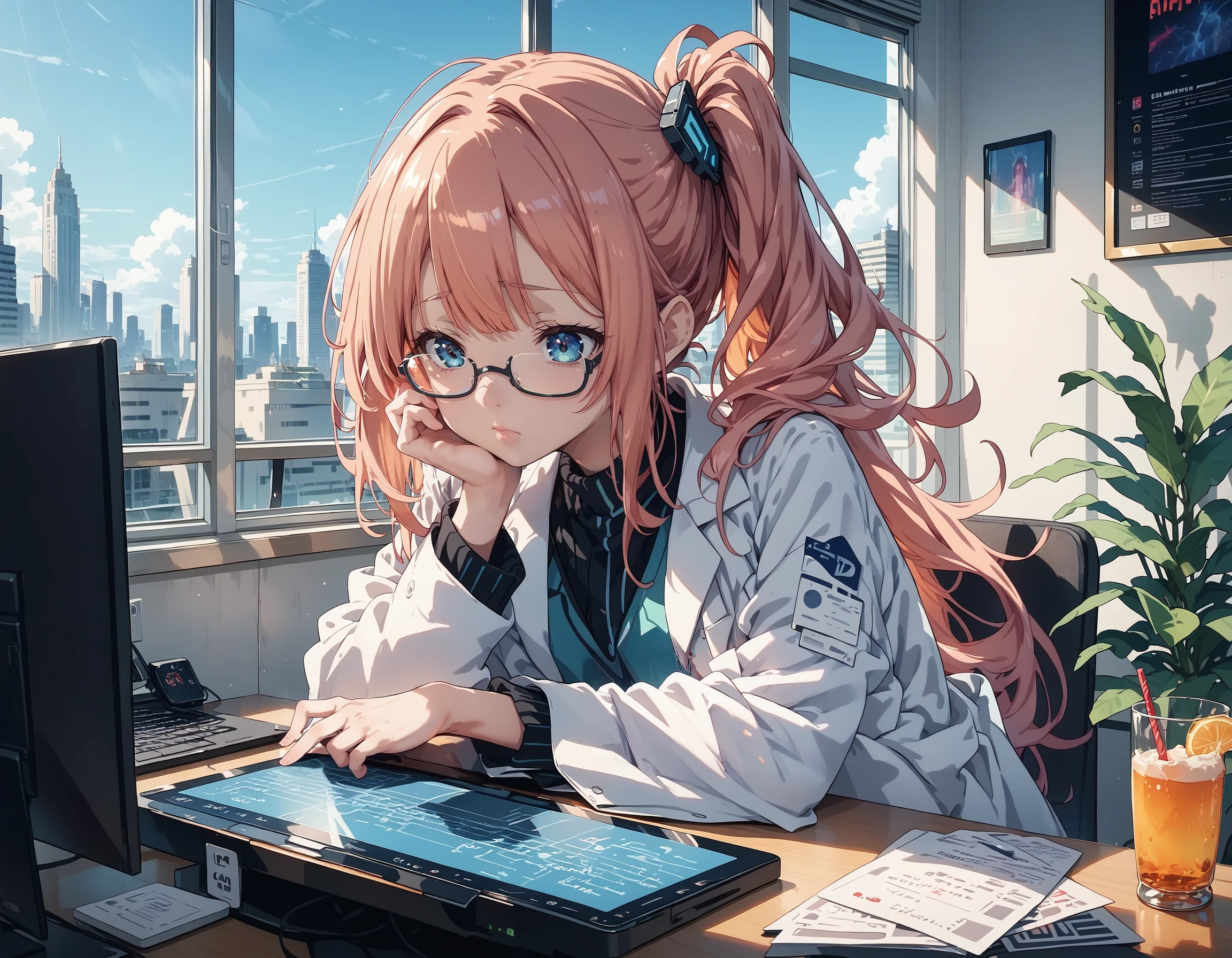 score_9,score_8_up,score_7_up,
BREAK
1girl,
side_ponytail,
glasses,
sad,
labcoat,
head_rest,
drink,
monitor,
window,
cityscape,
indoors,