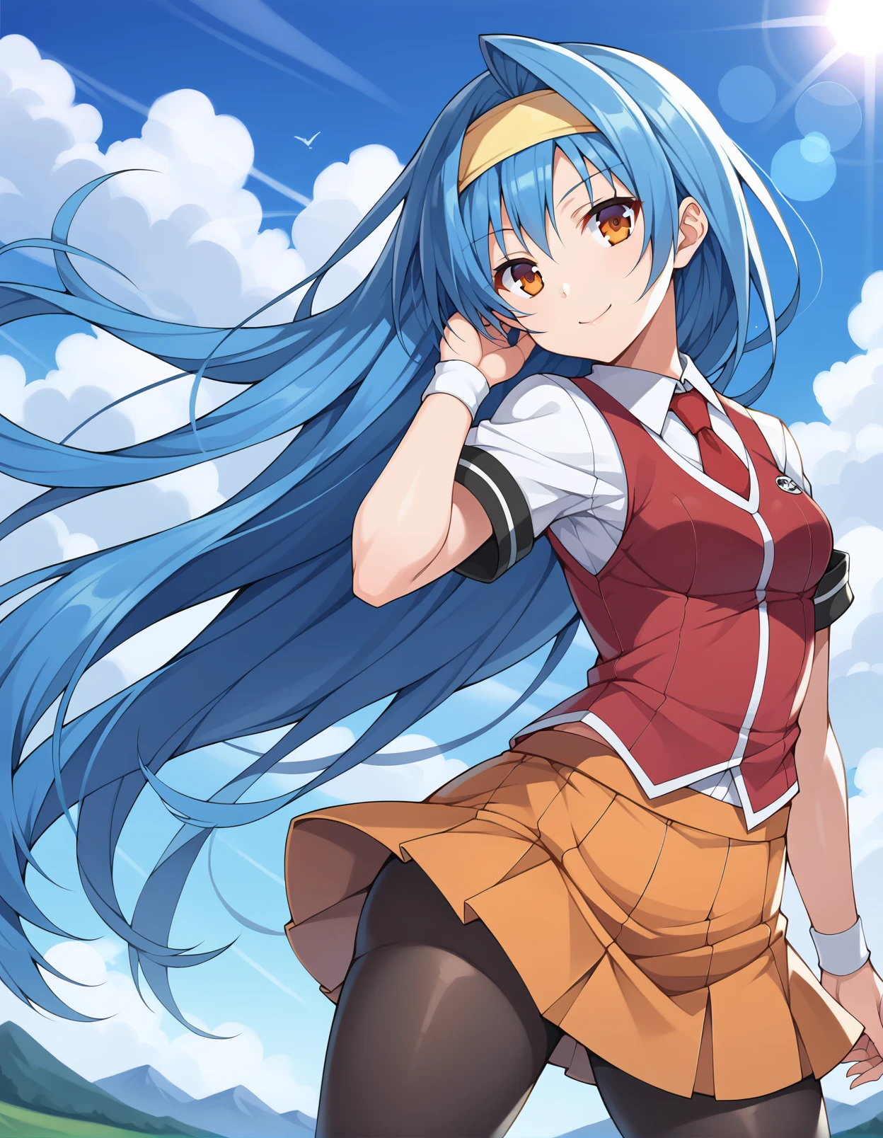 score_9, score_8_up, score_7_up, source_anime, rating_safe, BREAK <lora:sakiTsuzuraXL_LoRA-C3Lier_AdamW_Dim8_Alpha8_UN-3e-4_TE-1.5e-4_10batch_ponyDiffusionV6XL_v6StartWithThisOne:1>, saki tsuzura, 1girl, very long hair, blue hair, orange eyes, yellow hairband, red necktie, red vest, white shirt, short sleeves, white wristband, orange skirt, pleated skirt, black pantyhose, dutch angle, light smile, closed mouth, hand in own hair, looking at viewer, cowboy shot, wind, floating hair, standing, mountainous horizon, cloud, sunlight, lens flare, blue sky, open hand