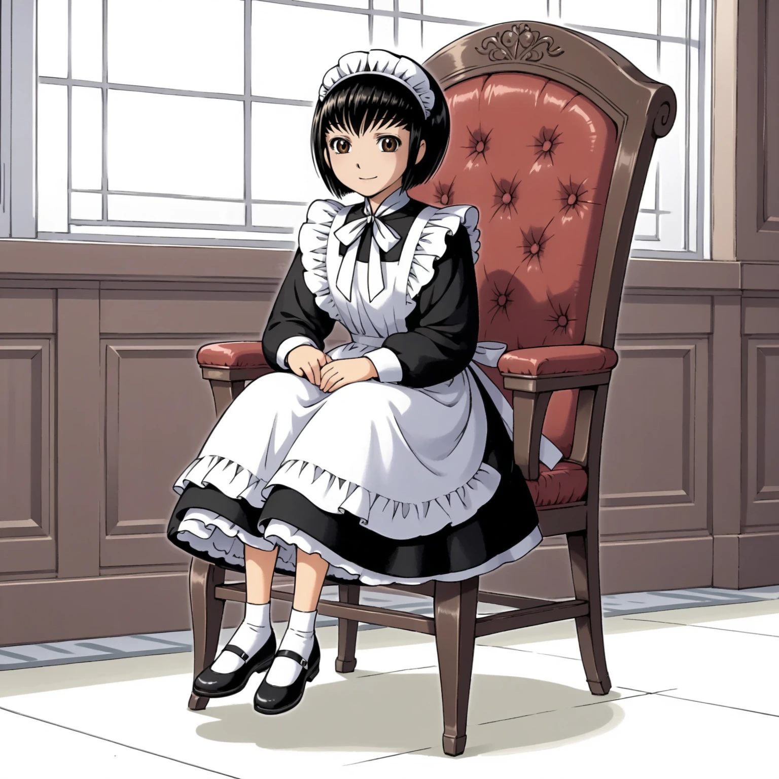 <lora:ShirleyMXLpony001>,
smile,
solo,
ShirleyM,1girl,black hair,bob cut,brown eyes,
maid,long_sleeves,shoes,
full body,sitting,chair,