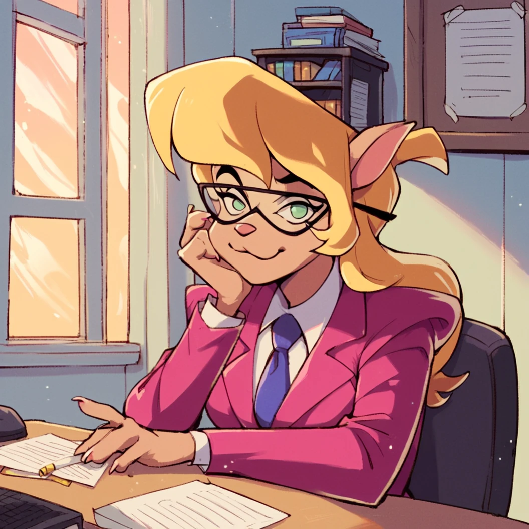 score_9, score_8_up, score_7_up, score_6_up, score_5_up, score_4_up, (Source furry), (rating safe), <lora:CallieBriggsXL:1>, 1girl solo, indoors, office, desk, sitting, looking at viewer, glasses, callie briggs, pink suit, detailed, detailed fur,