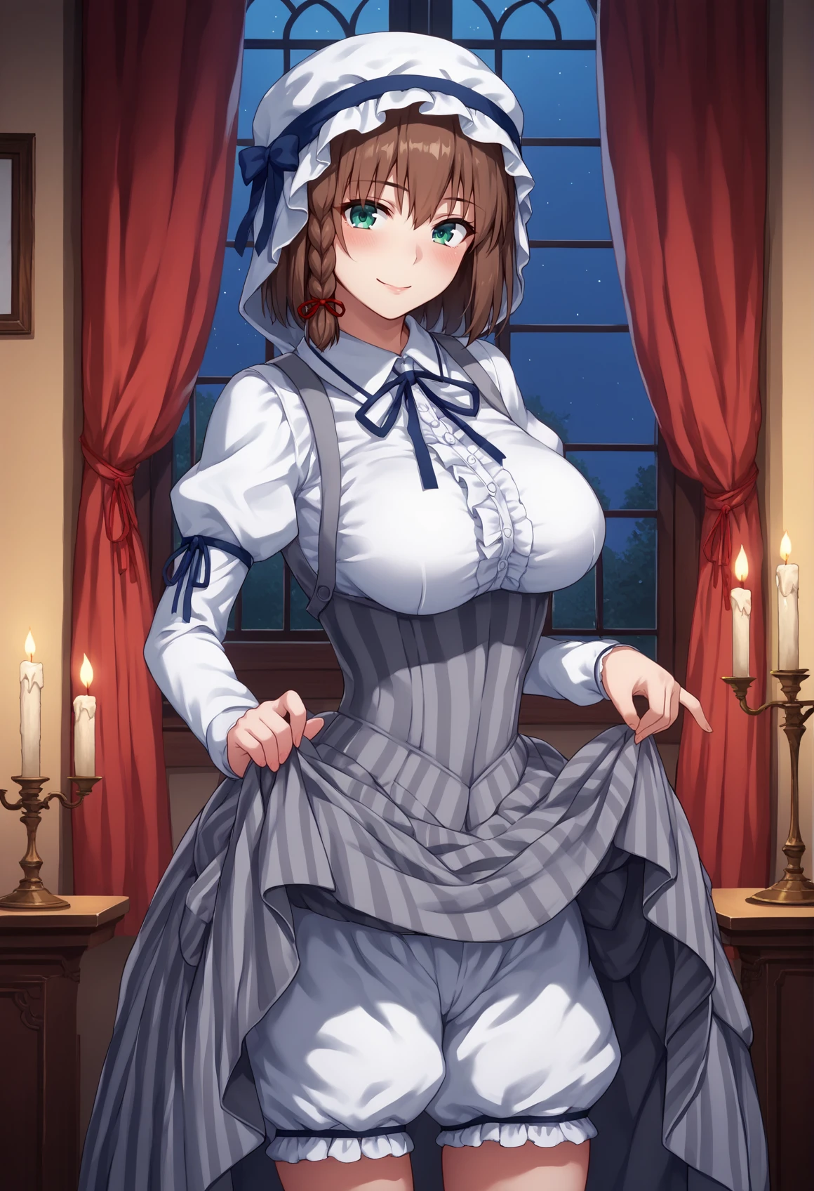 1girl, short hair, brown hair, braid, green eyes, bonnet, white shirt, long sleeves, ribbon, red flower, white flower, grey skirt, corset, big breasts, suspenders, Vertical-Striped Clothes, indoors, mansion, window, night, night sky, pen mouth, looking at viewer, seductive smile, blushing, red curtains, candlelight, hand up, skirt lift, lifted by self, bloomers, ass, clothing cutout <lora:charlotte_corday:1>, score_9, score_8_up, score_7_up, score_6_up, score_5_up, score_4_up, BREAK source_anime, masterpiece