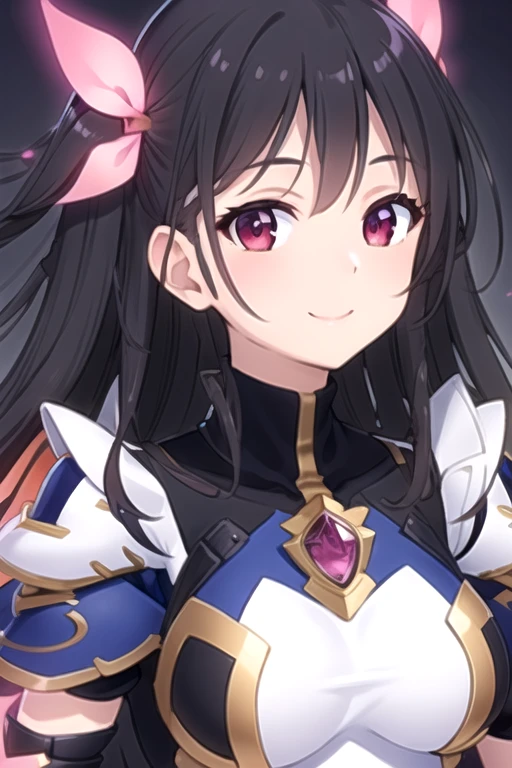 ((masterpiece)),(best quality),official art,extremely delicate and beautiful,extremely detailed CG,unity 8k wallpaper,ultra detailed,beautiful detailed eyes,extremely detailed face,outdoors,1girl,solo,upper body,(portrait:1.5),looking at viewer,facing viewer,smile,Ikushi Doairisu,very long hair,black hair,floating hair,hair ornament,ribbon,bow,sidelocks,red eyes,armor,armored dress,white dress,gloves,large breasts,black skirt,black pantyhose,knee boots,blue footwear,<lora:Ikushi Doairisu(ms):0.6>,