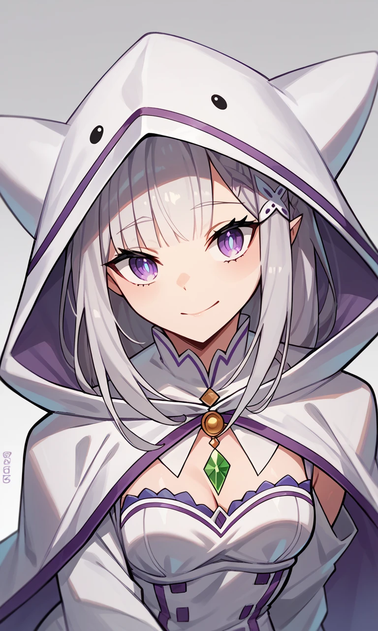 score_9, score_8_up, score_7_up, score_6_up, best quality, Emilia, fake_animal_ears,, blunt_bangs, smile, looking_at_viewer, white_hood, hood_up,  <lora:Emilia-XL-V7-000002:0.8>