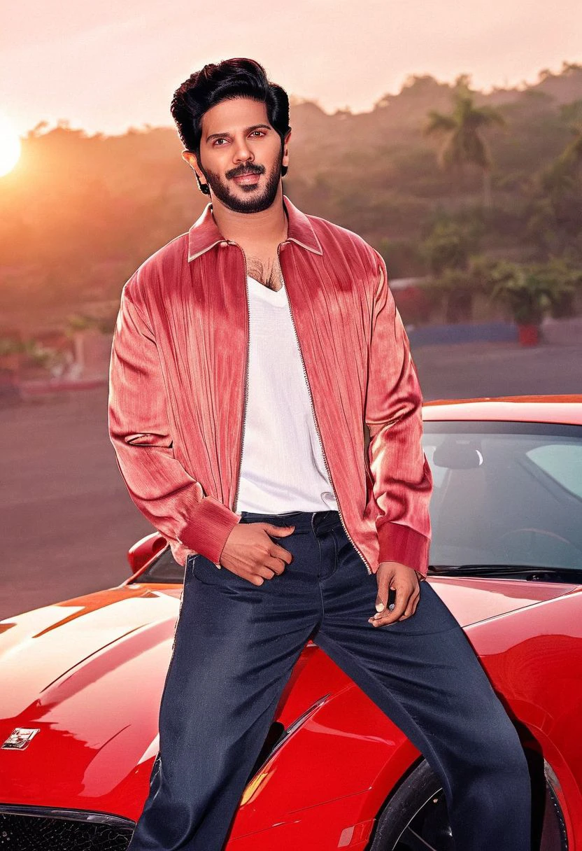 varun dhawan a man <lora:Dulquer-Salmaan_Varun-Dhawan:1> sitting on red car. Full body. muscular. warm light. sunset. Taken from below.  zoom out, 