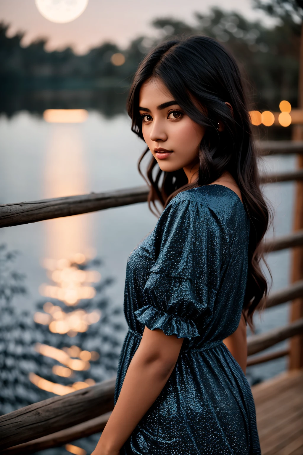 texture cinematic photo young woman in Camel chmdrss, full body view, Blue black long hair, Moonlit Lakes <lora:Charming dress v1.07:1> . 35mm photograph, film, bokeh, professional, 4k, highly detailed top down close-up