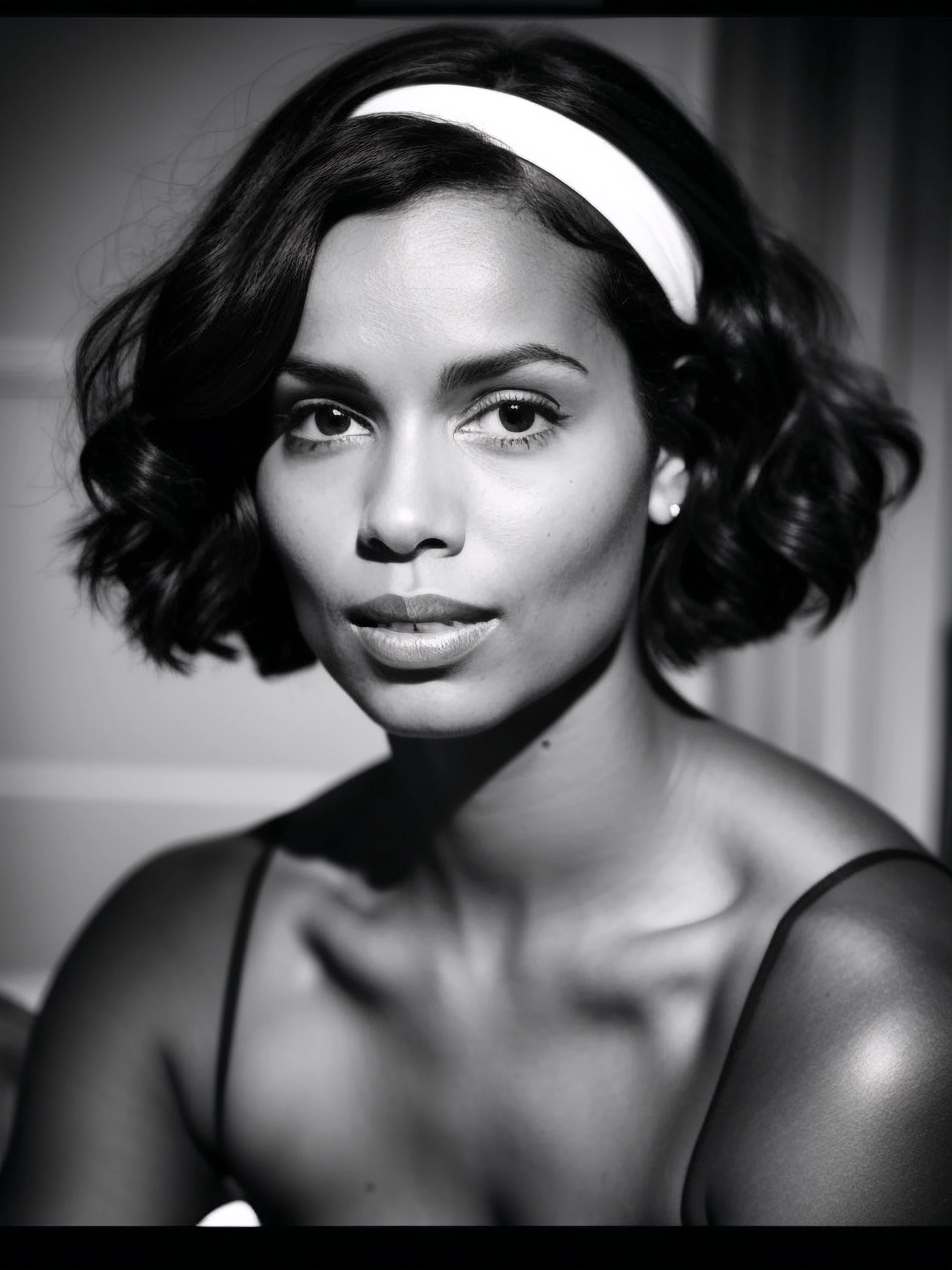 galicecampbell, film grain, traditional media, blurry, dark-skinned female, daguerreotype, face, headband, bare shoulders, (monochrome), portrait, cleavage, curly hair, pale skin, formal hairstyle, flirty, parted lips, (looking at viewer)