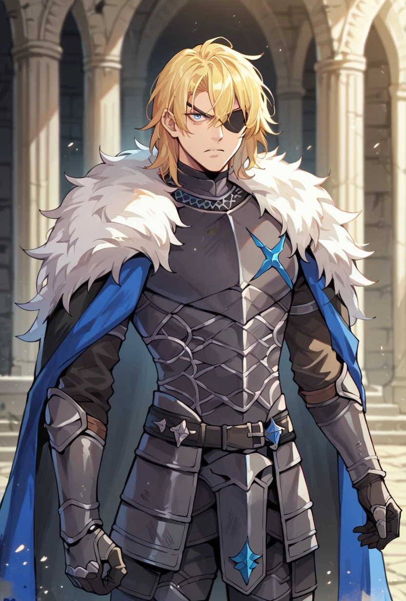 score_9, score_8_up, score_9, score_8_up, dimitrife, dimitritimeskip,1boy, solo, blonde hair, medium hair, messy hair, eye patch on right eye, blue eyes, black armor, fur cape, cowboy shot, angry, ruined castle, ruins, outdoors