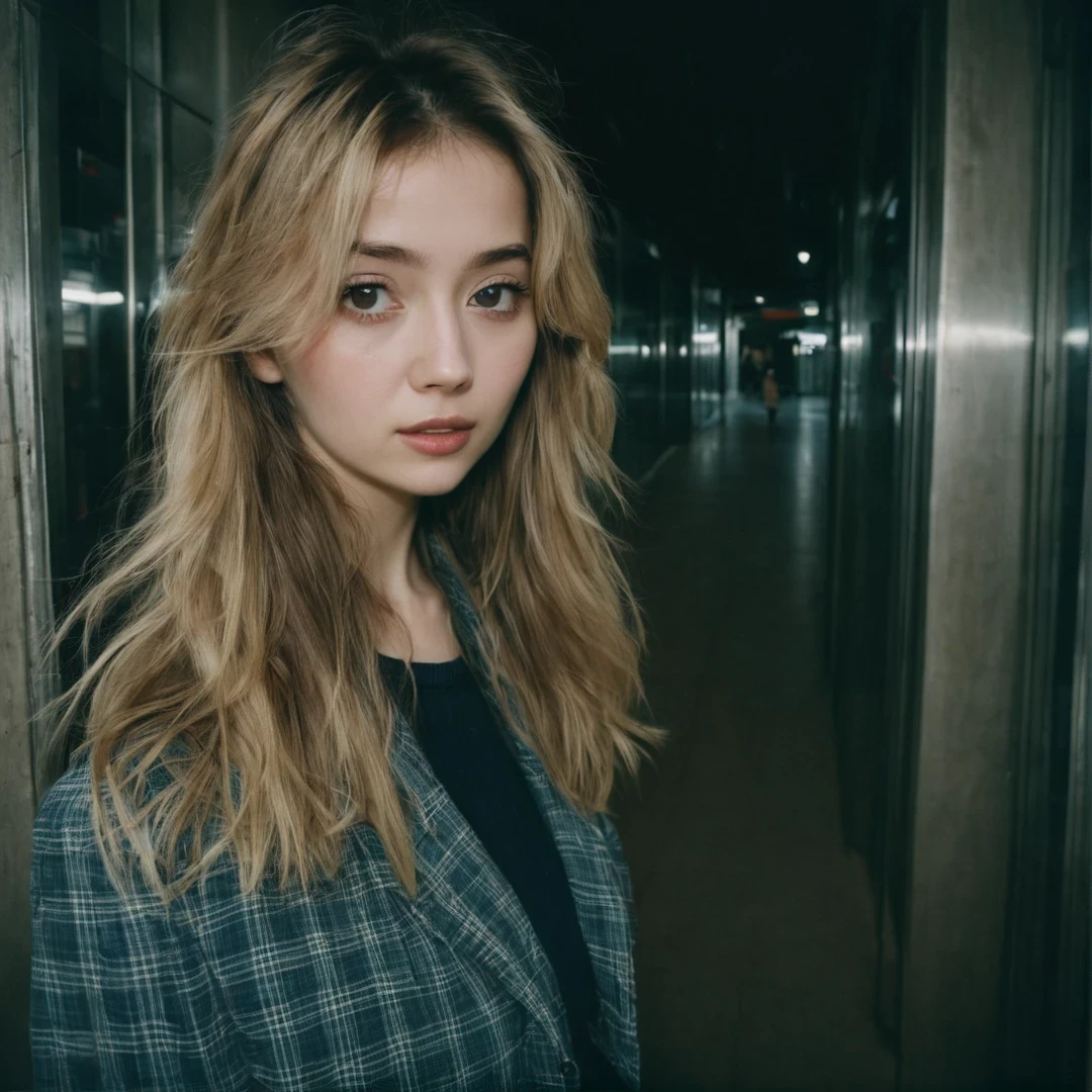 close-up headshot of ((ohwx woman)), ,a girl standing alone, corridor, unlit transit station, dark night, film grain, depth of field, analog film style, vivid color, 1girl, upper body, (looking at the viewer:1.2), long hair, blond, plaid skirt, fog, (night, dark, dark photo, grainy, dimly lit:1.3), best quality, high quality, (realistic), (absurdres:1.2), UHD, ultrarealistic, noise, soft skin, (flying butterflies:1.2), long messy hair, film grain, depth of field, analog film style, editorial photo, woman, wide hips, (best quality:1.2), absurdres, BLOOM, fog, shot on Fujifilm Superia 400, Short Light, 32k, cinematic composition, professional color grading, film grain, atmosphere, wondrous, very sunny, motion blur